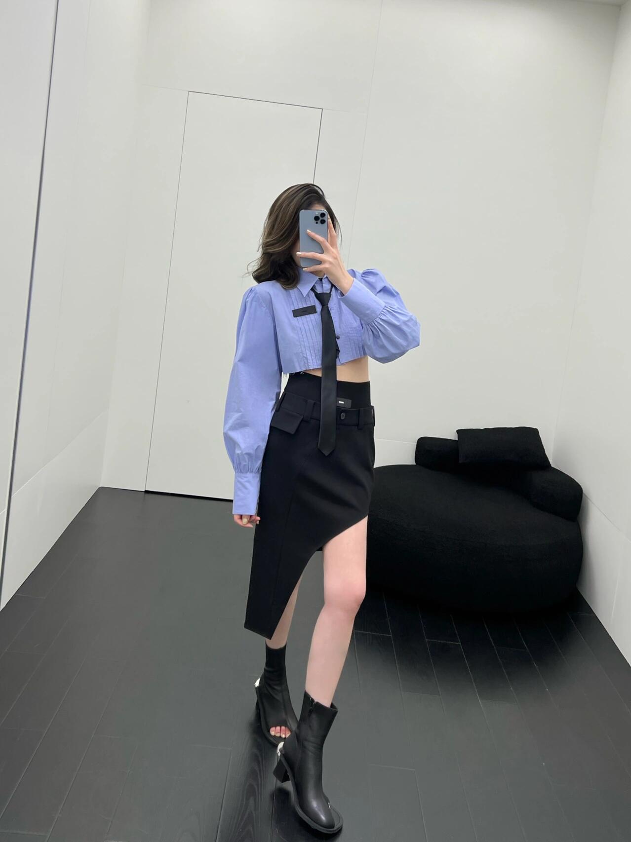 Periwinkle Blue Square Shoulder Crop Shirt