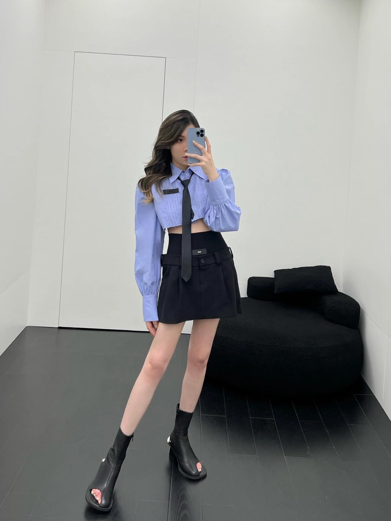 Periwinkle Blue Square Shoulder Crop Shirt