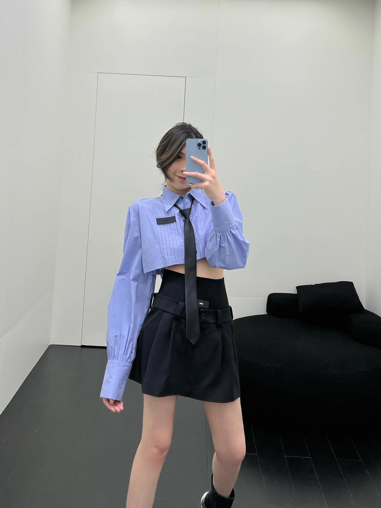 Periwinkle Blue Square Shoulder Crop Shirt