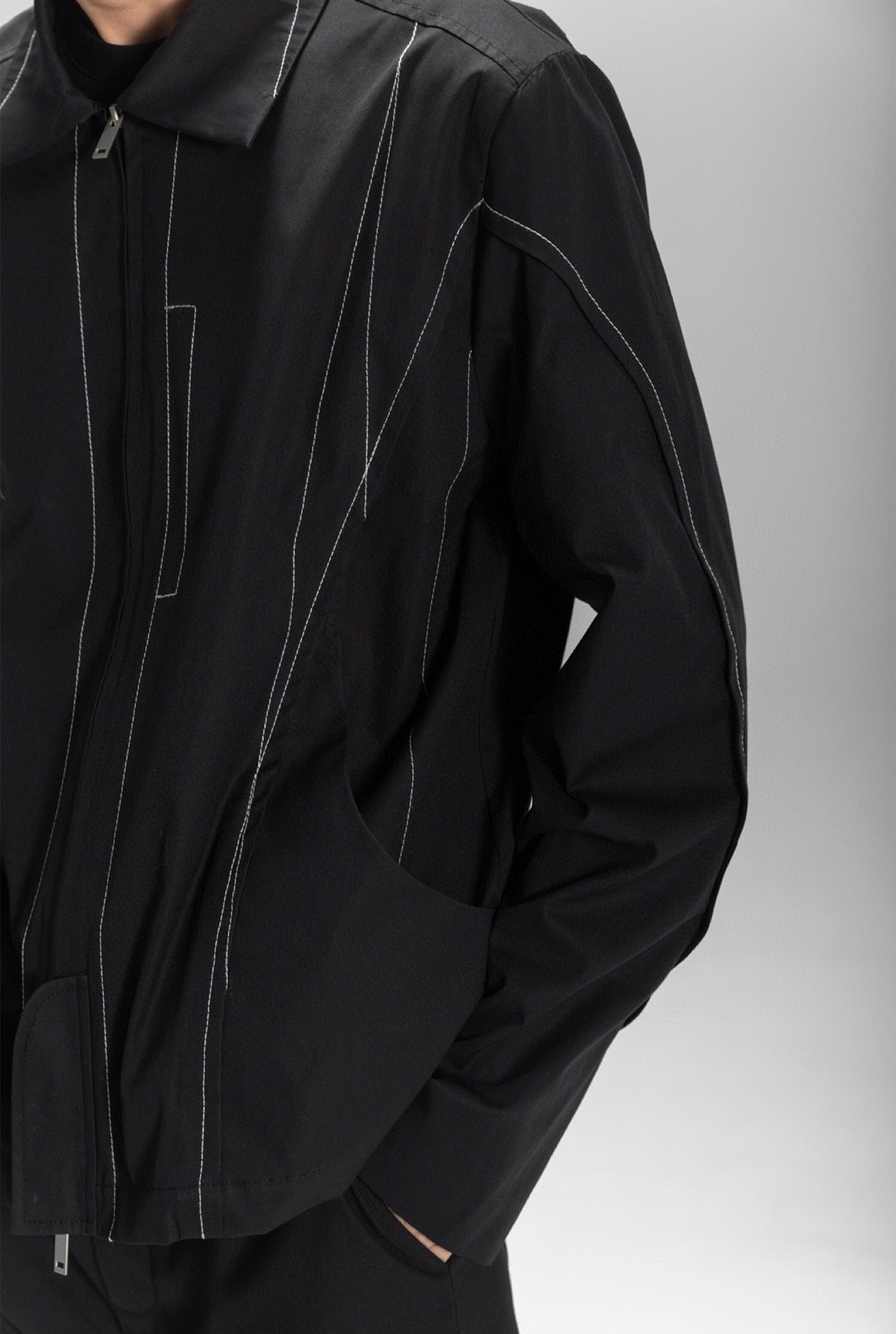 Contrast Stitch Cutout Structured Short Zip Jacket