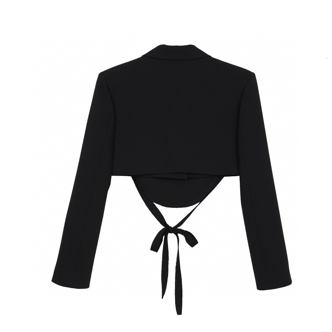 Black Short Blazer with Embossed Bustier and Tie