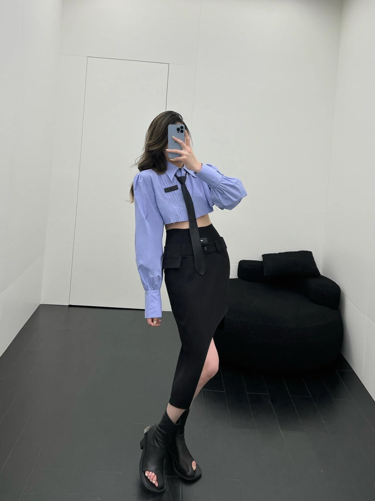 Periwinkle Blue Square Shoulder Crop Shirt