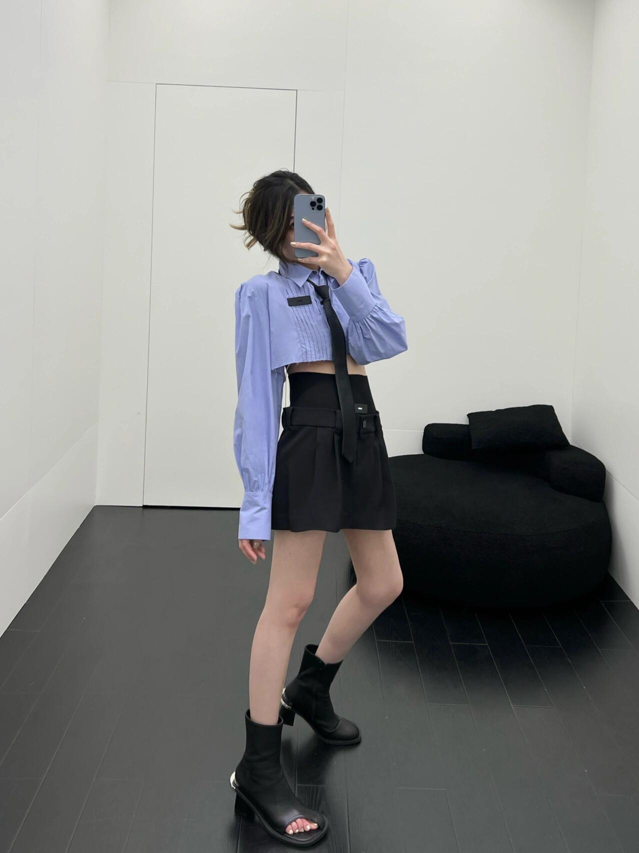 Periwinkle Blue Square Shoulder Crop Shirt