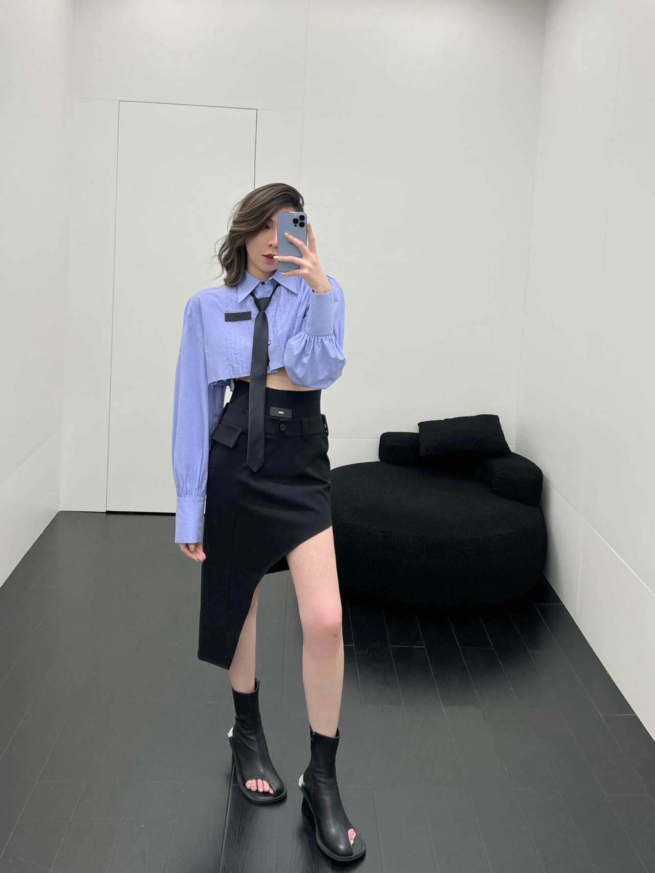Periwinkle Blue Square Shoulder Crop Shirt