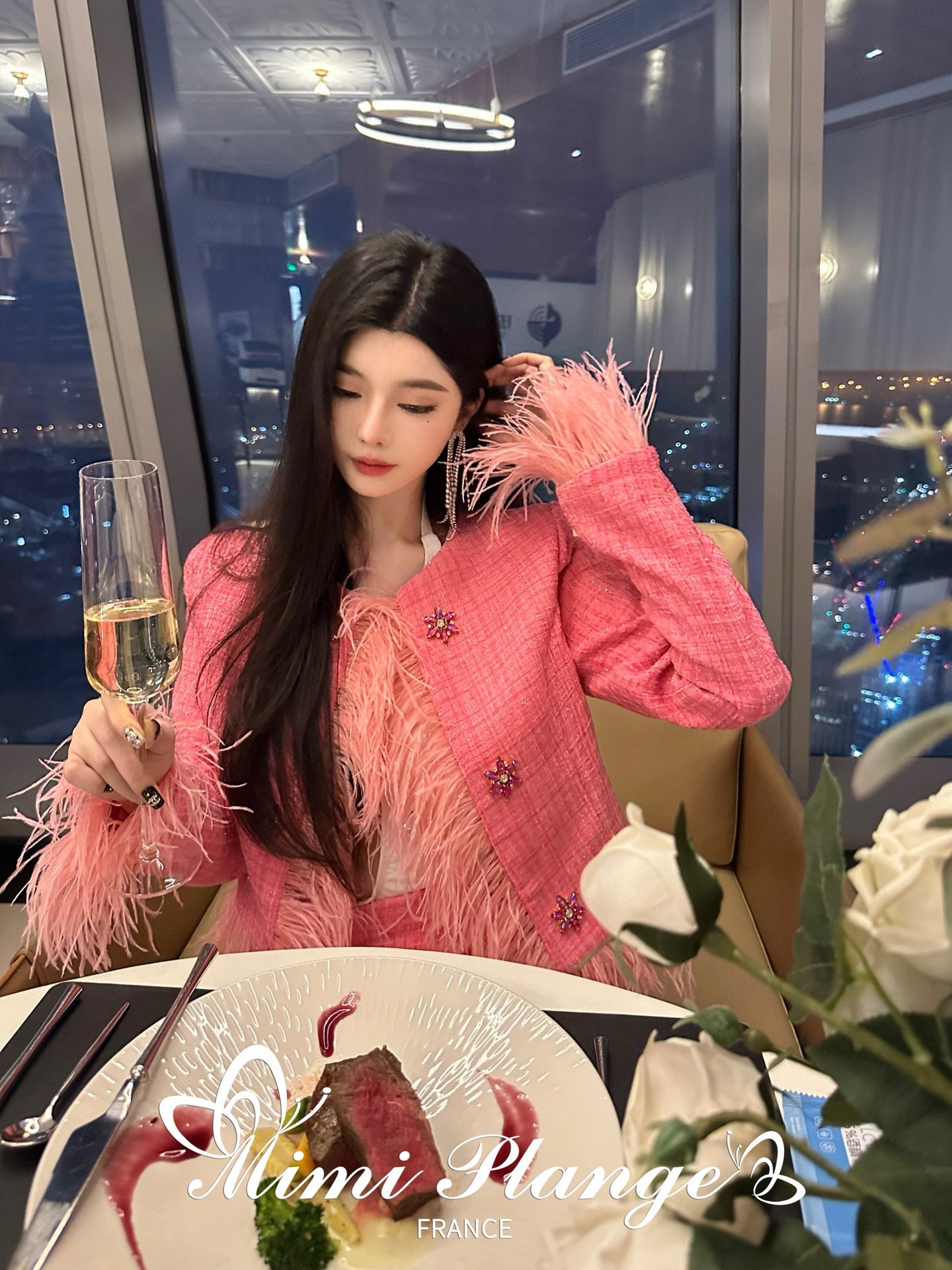Pink Ostrich Feather Rhinestone Tweed Jacket