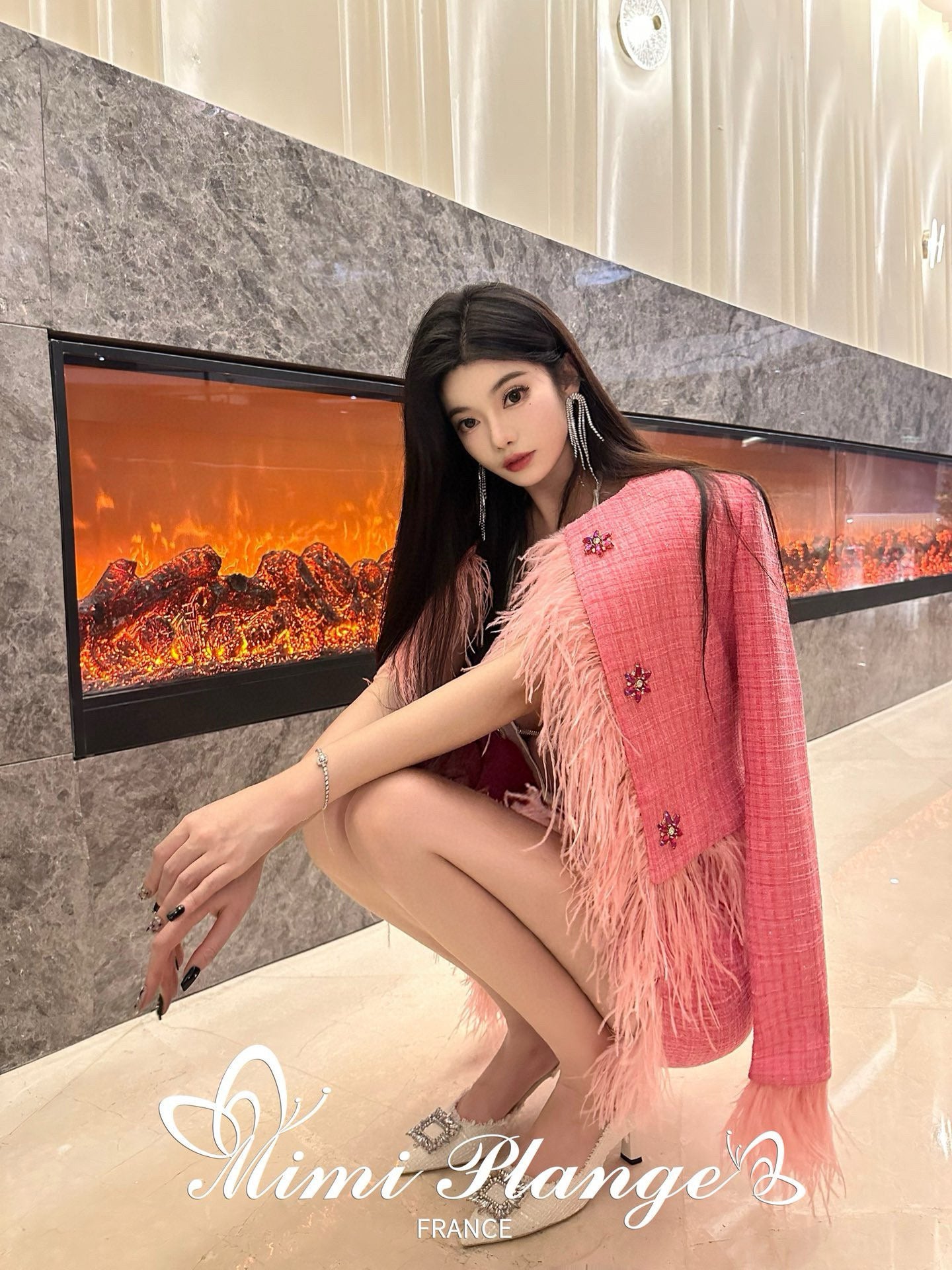 Pink Ostrich Feather Rhinestone Tweed Jacket