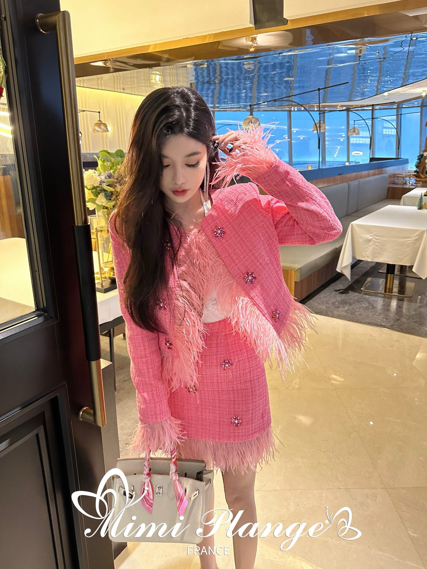 Pink Ostrich Feather Rhinestone Tweed Jacket