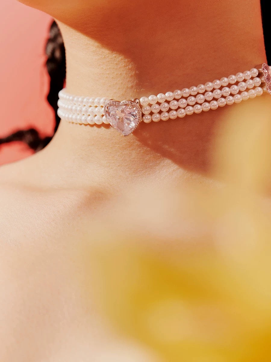 Zircon Heart Pearl Choker