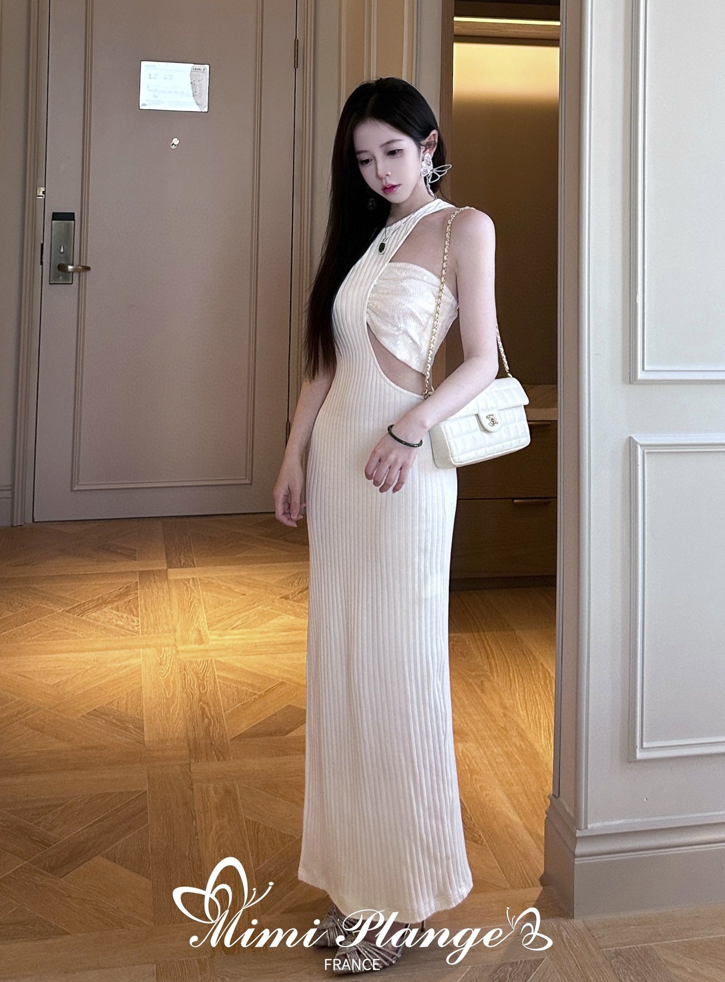 White Asymmetrical Mermaid Sequin Cutout Knit Dress
