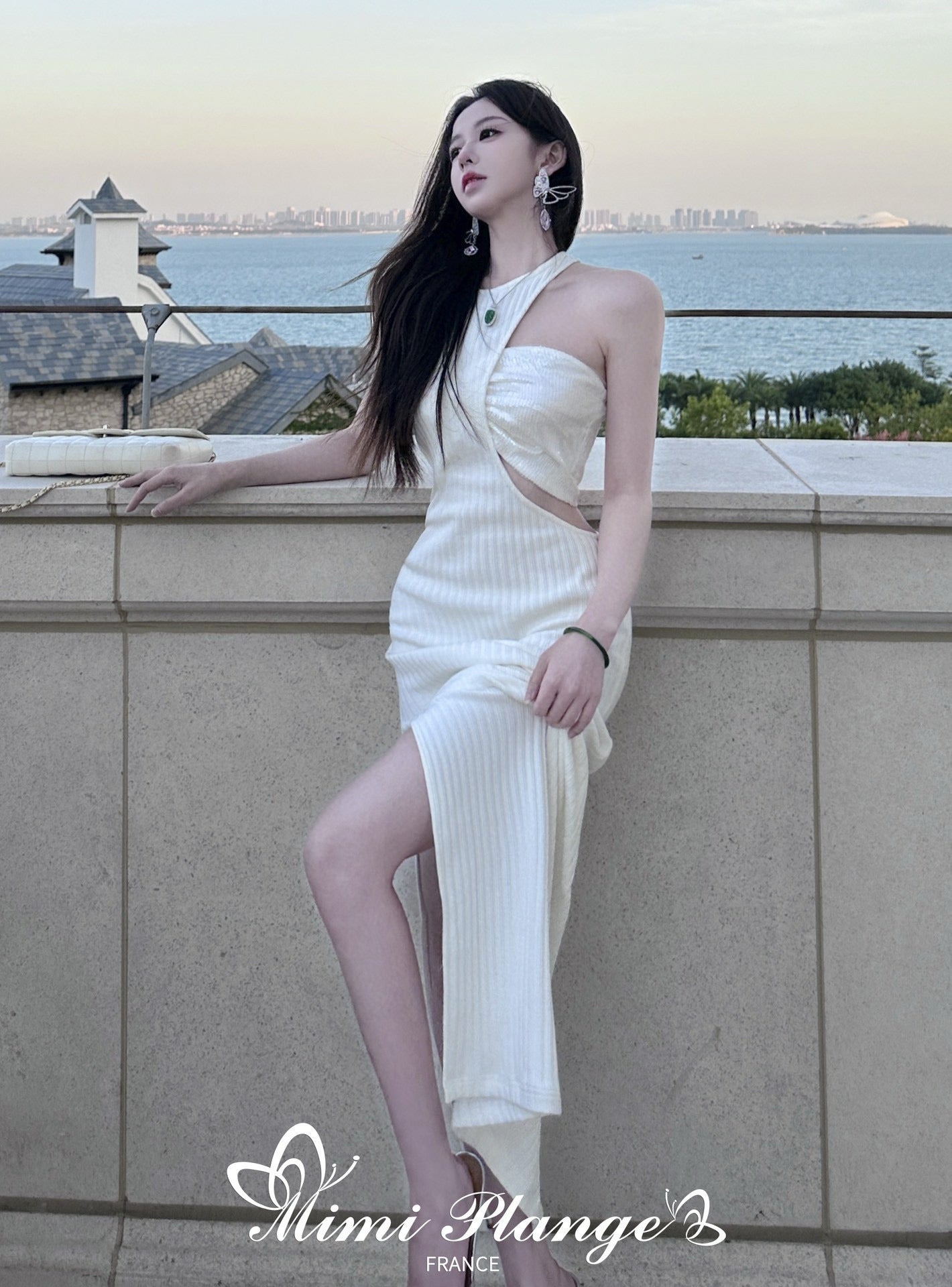 White Asymmetrical Mermaid Sequin Cutout Knit Dress