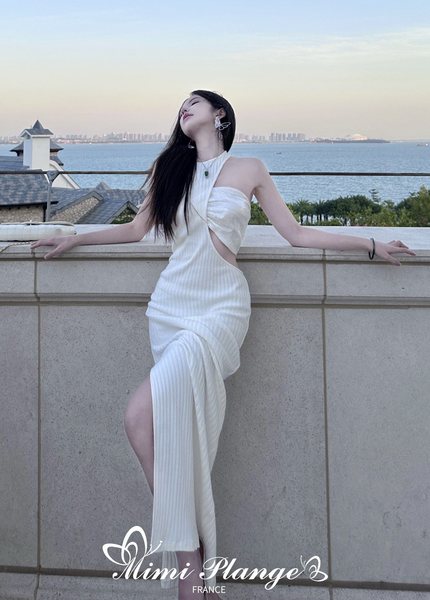 White Asymmetrical Mermaid Sequin Cutout Knit Dress