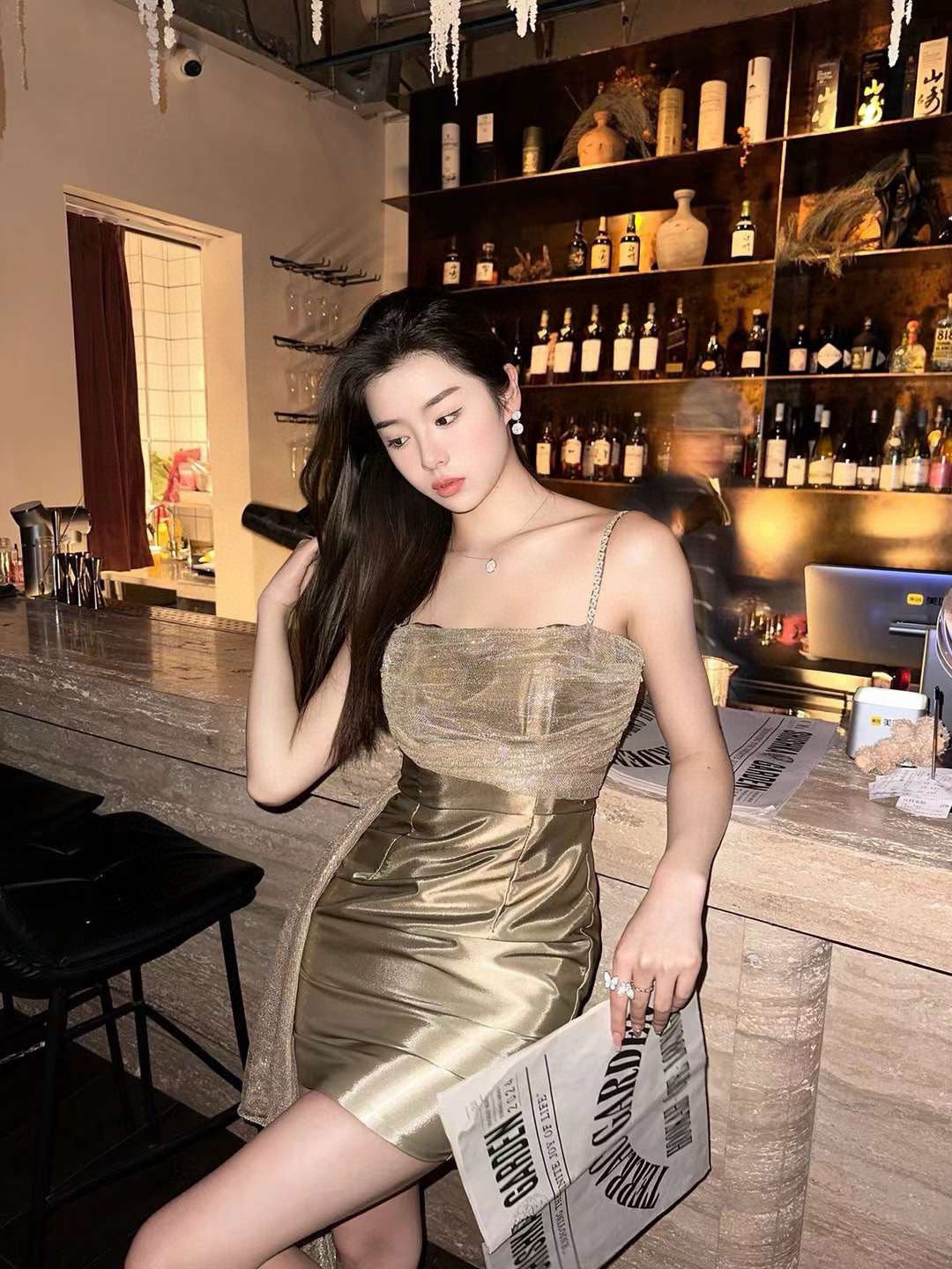 Caramel Cookie Iridescent Gradient Dress with Side Sash and Rhinestone Chains