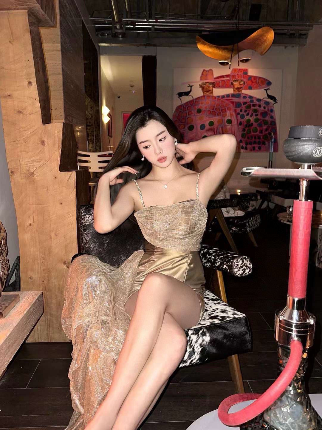 Caramel Cookie Iridescent Gradient Dress with Side Sash and Rhinestone Chains