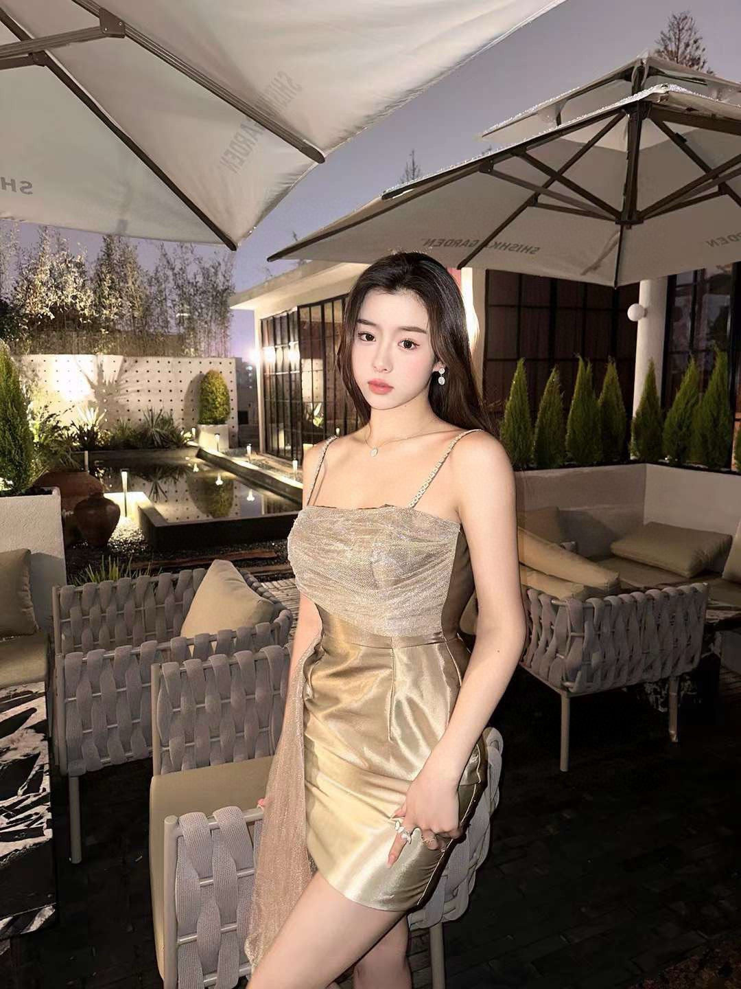 Caramel Cookie Iridescent Gradient Dress with Side Sash and Rhinestone Chains
