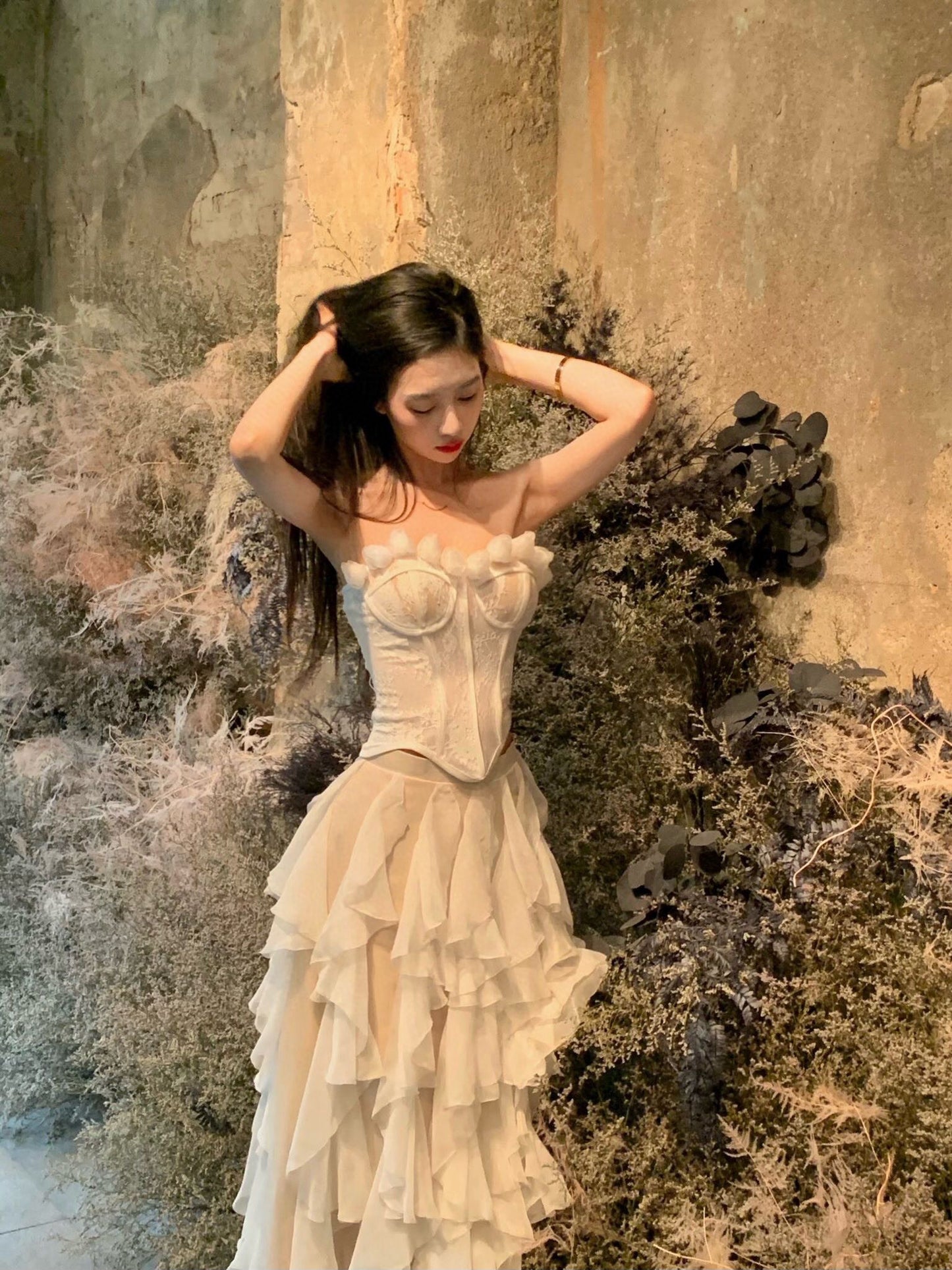 Mermaid 3D Floral Lace Corset Top with White Rose Tulle Ruffle Skirt Set