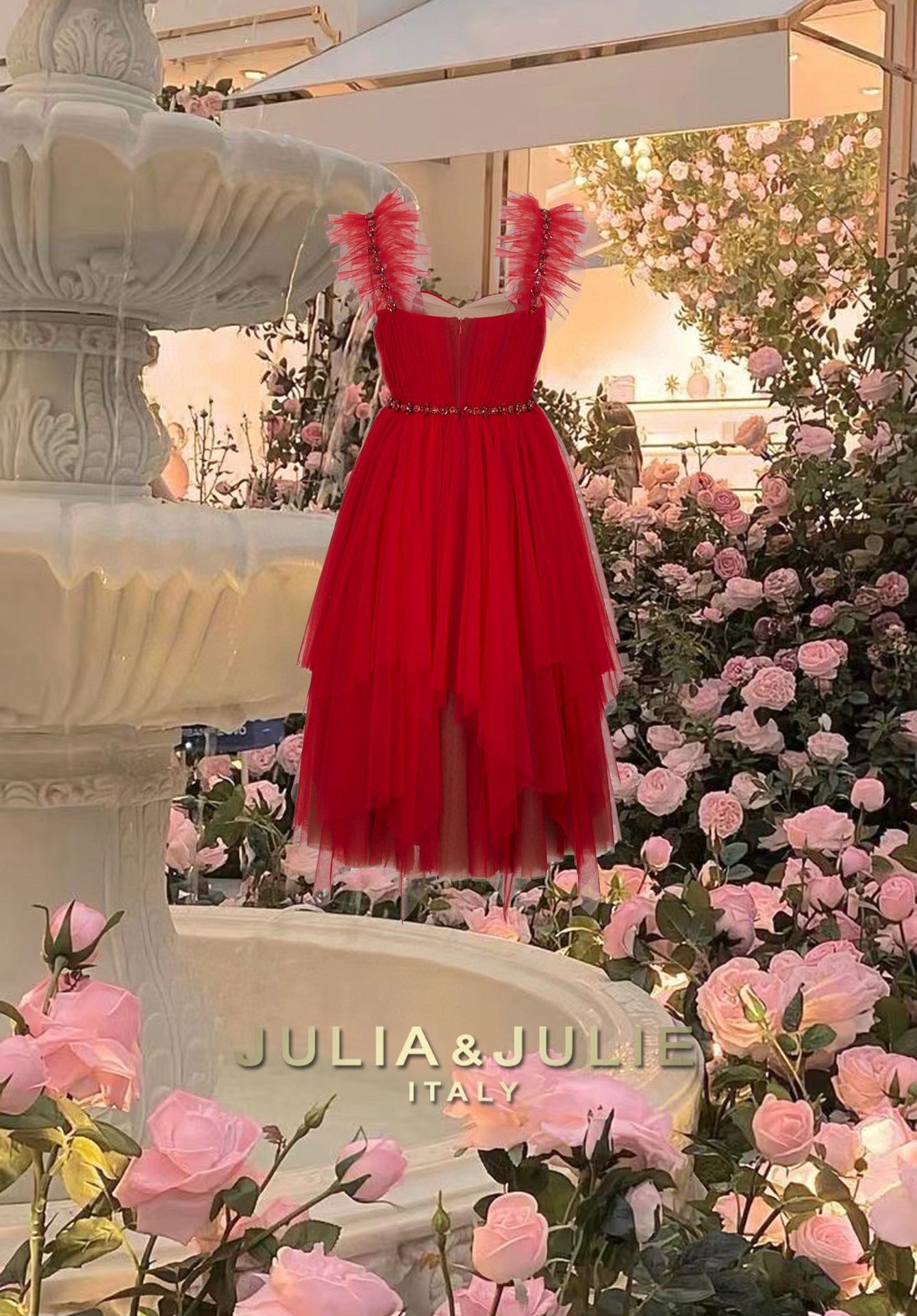 Red Cap Sleeve Tulle Asymmetric Dress