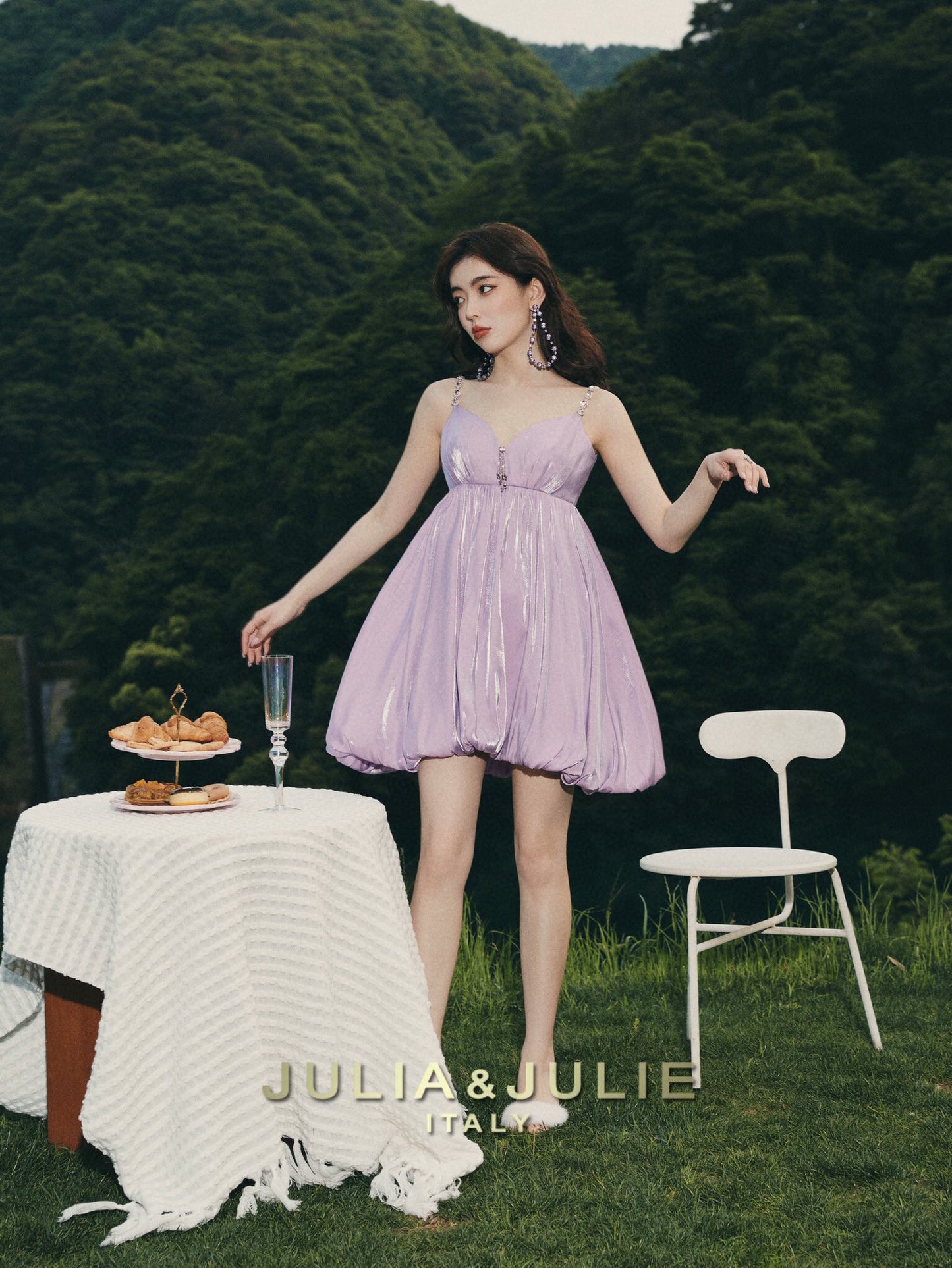 Nightingale Purple Glass Silk V-Neck Lantern Dress
