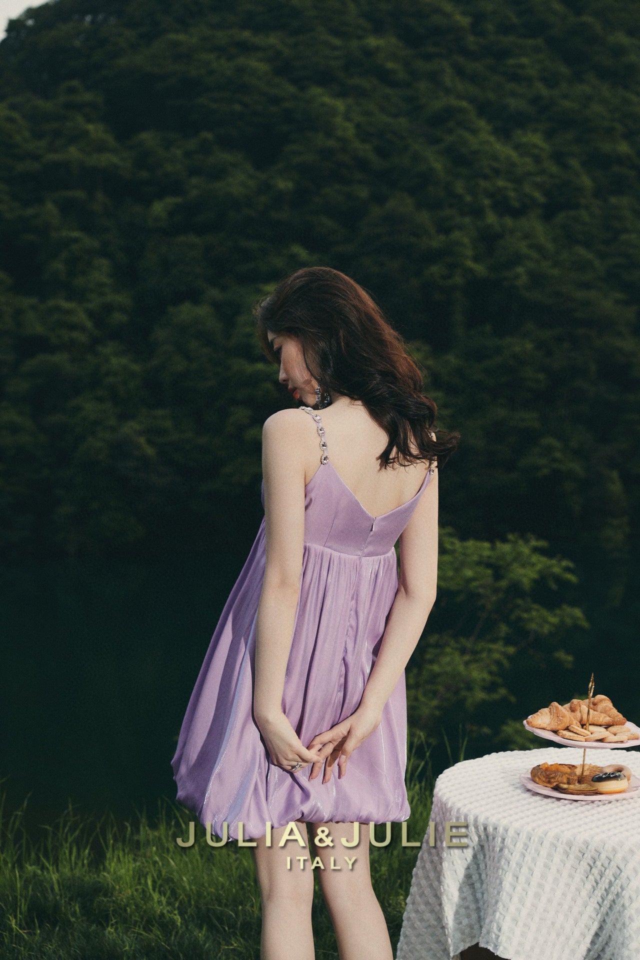 Nightingale Purple Glass Silk V-Neck Lantern Dress