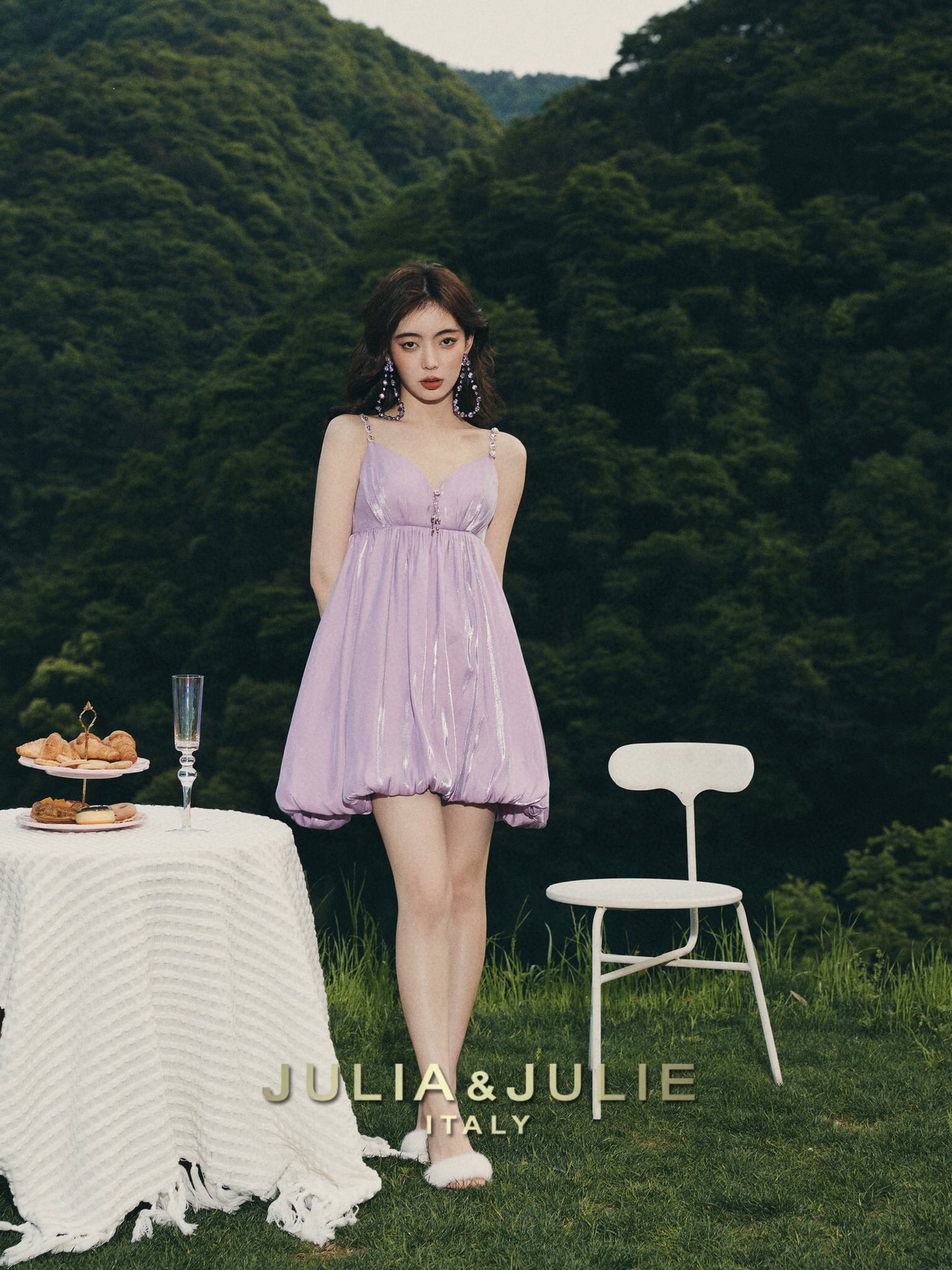 Nightingale Purple Glass Silk V-Neck Lantern Dress