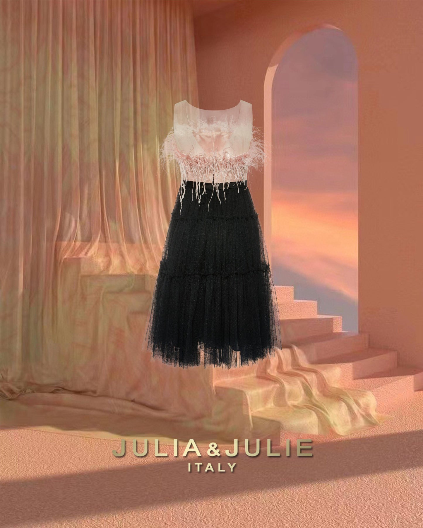 South of France Holiday Pink Ostrich Feather and Black Tulle Dress