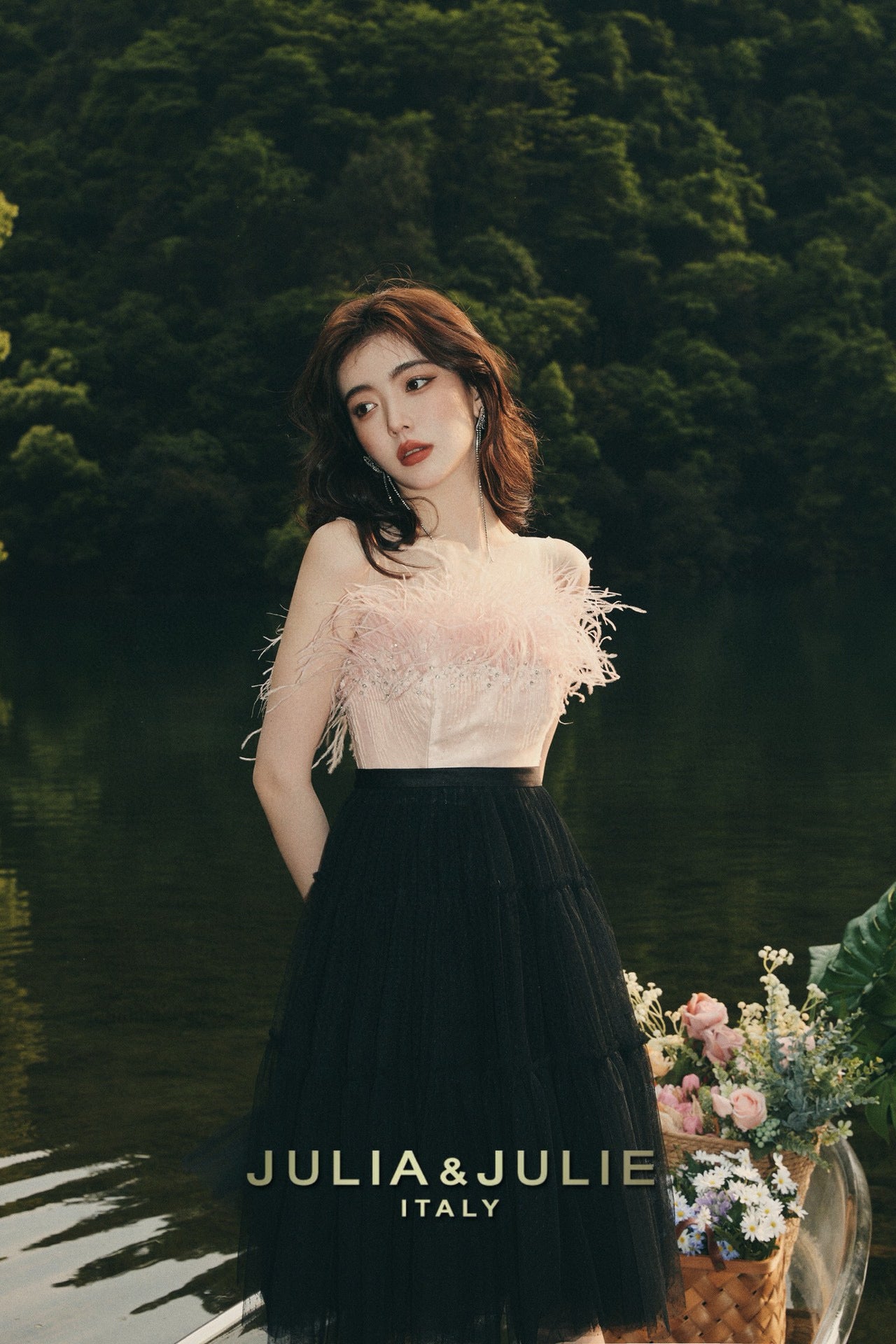 South of France Holiday Pink Ostrich Feather and Black Tulle Dress