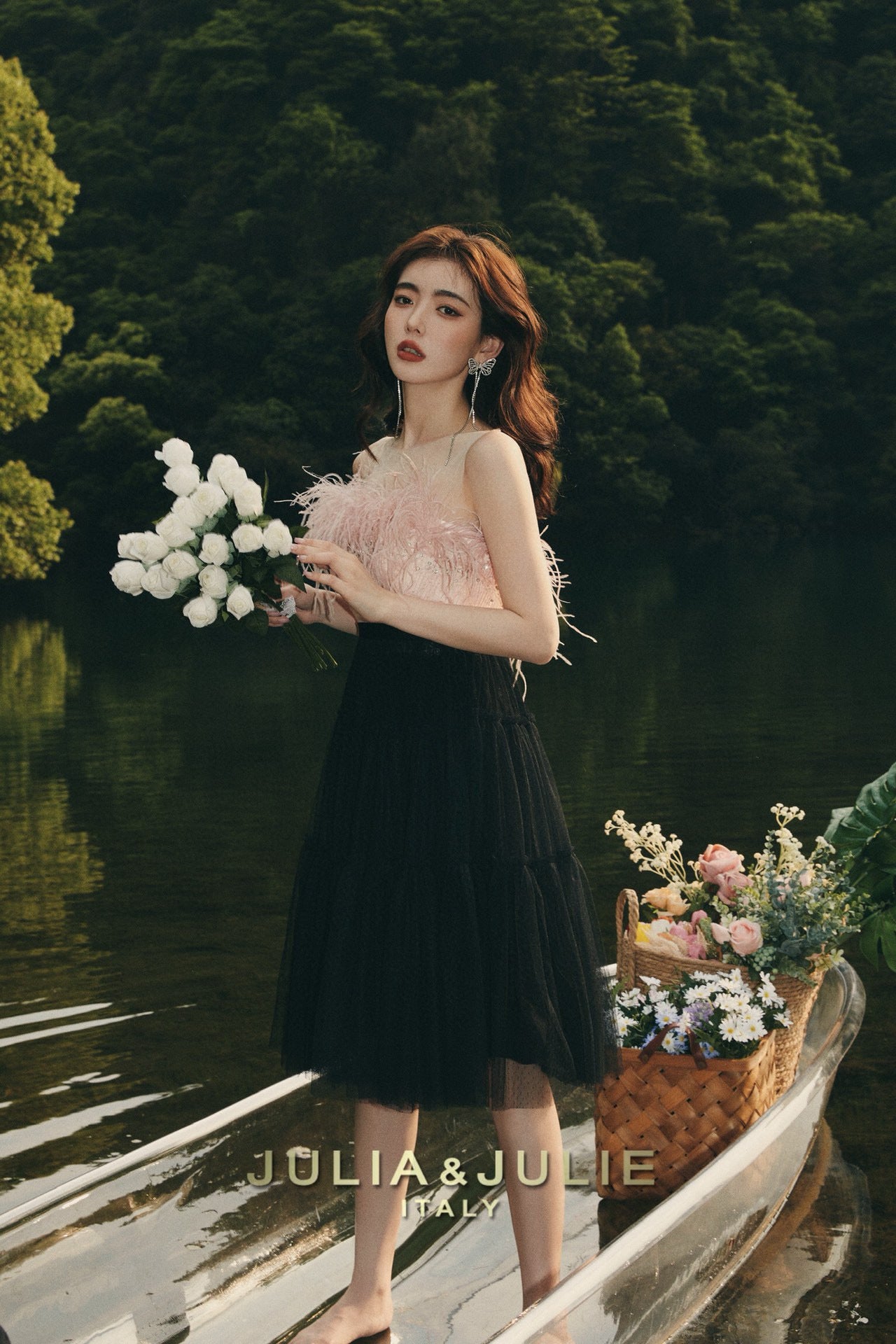 South of France Holiday Pink Ostrich Feather and Black Tulle Dress