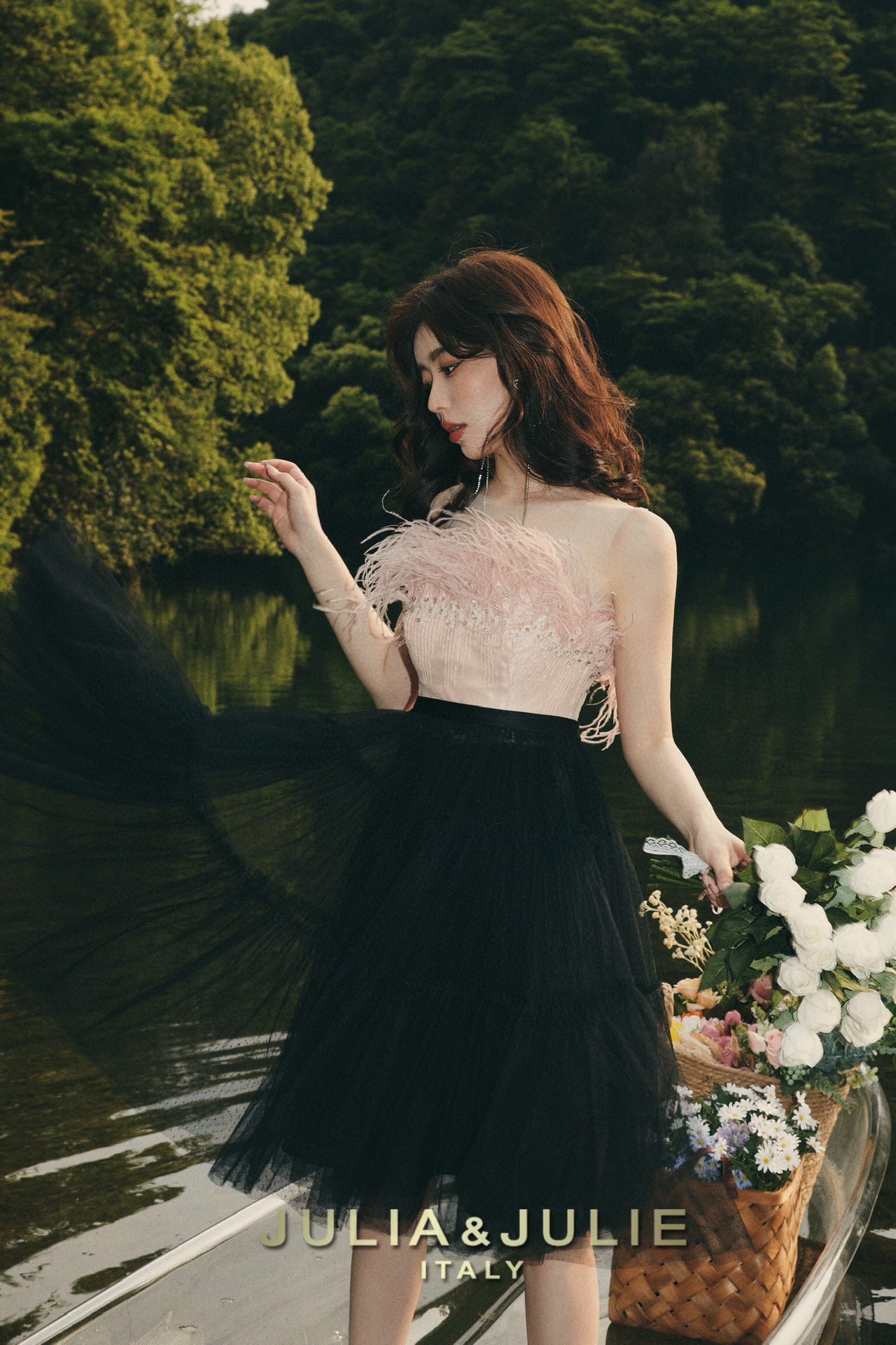 South of France Holiday Pink Ostrich Feather and Black Tulle Dress
