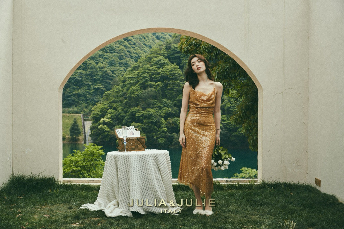 Sunset Bulgaria Gold Asymmetric Dress