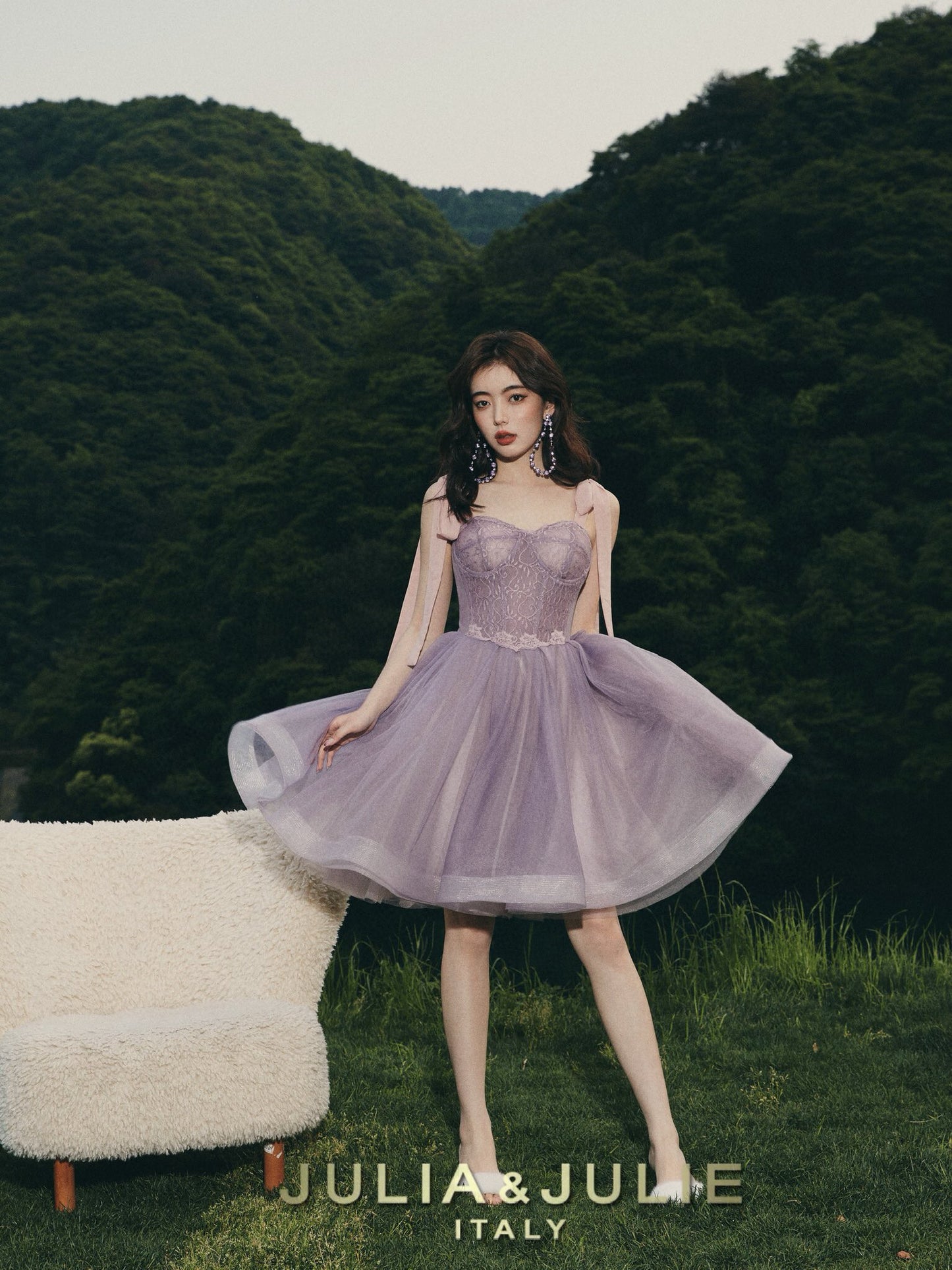 Sweet Wine Purple Lace Dress with Pink Straps and Flared Skirt