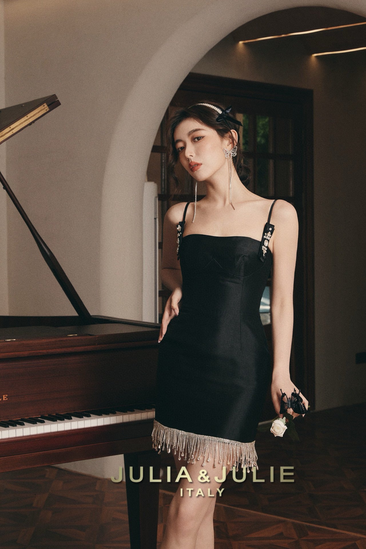 Black and Gold Rhinestone Fringe Fitted Cami Dress