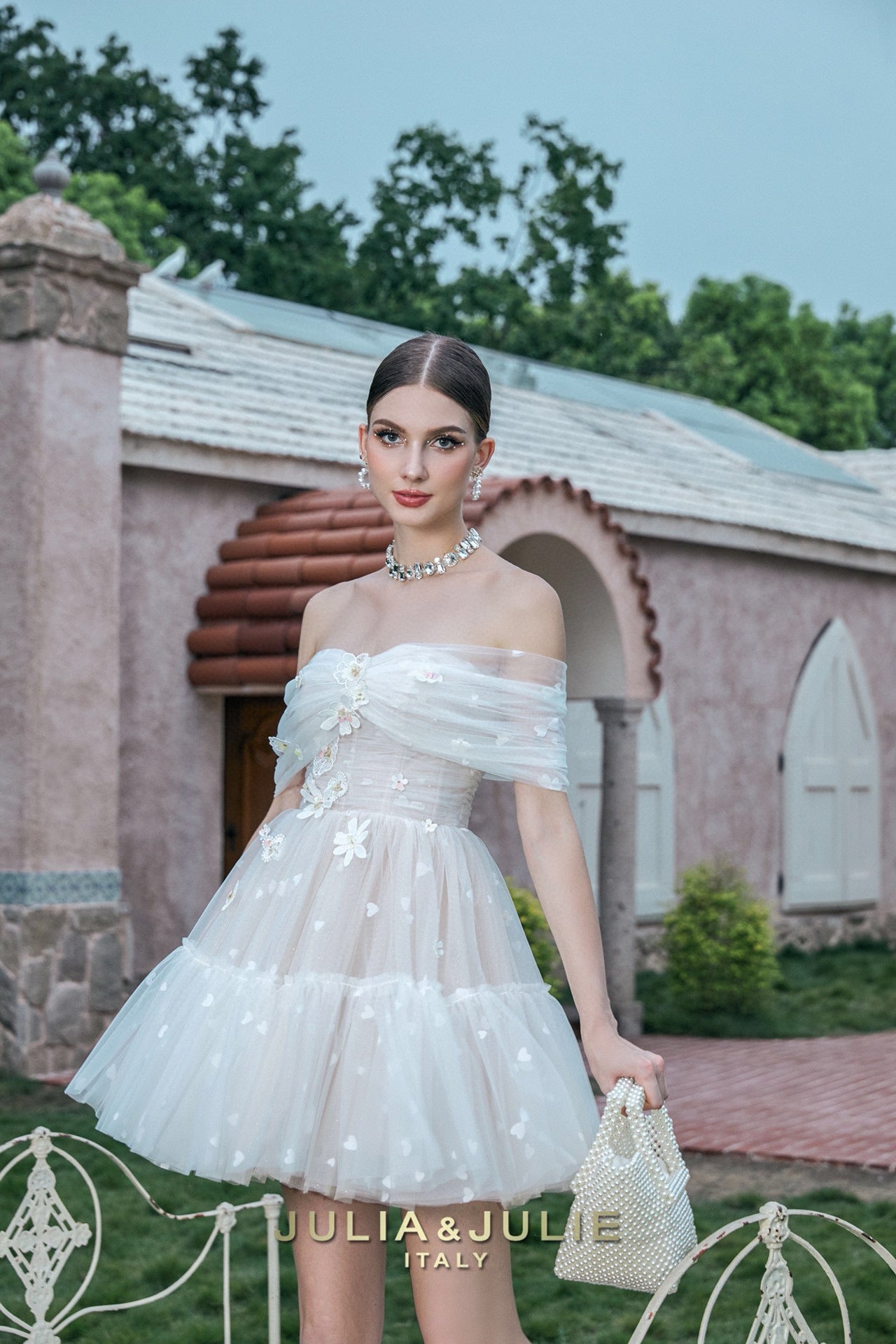 White Camellia 3D Floral Tulle Off-Shoulder Dress