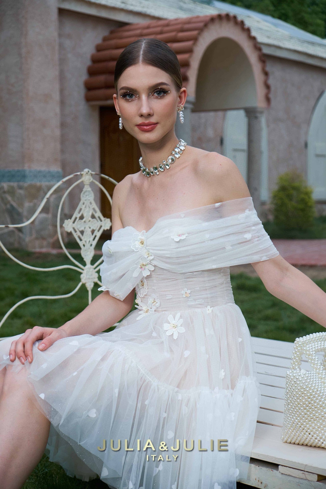 White Camellia 3D Floral Tulle Off-Shoulder Dress