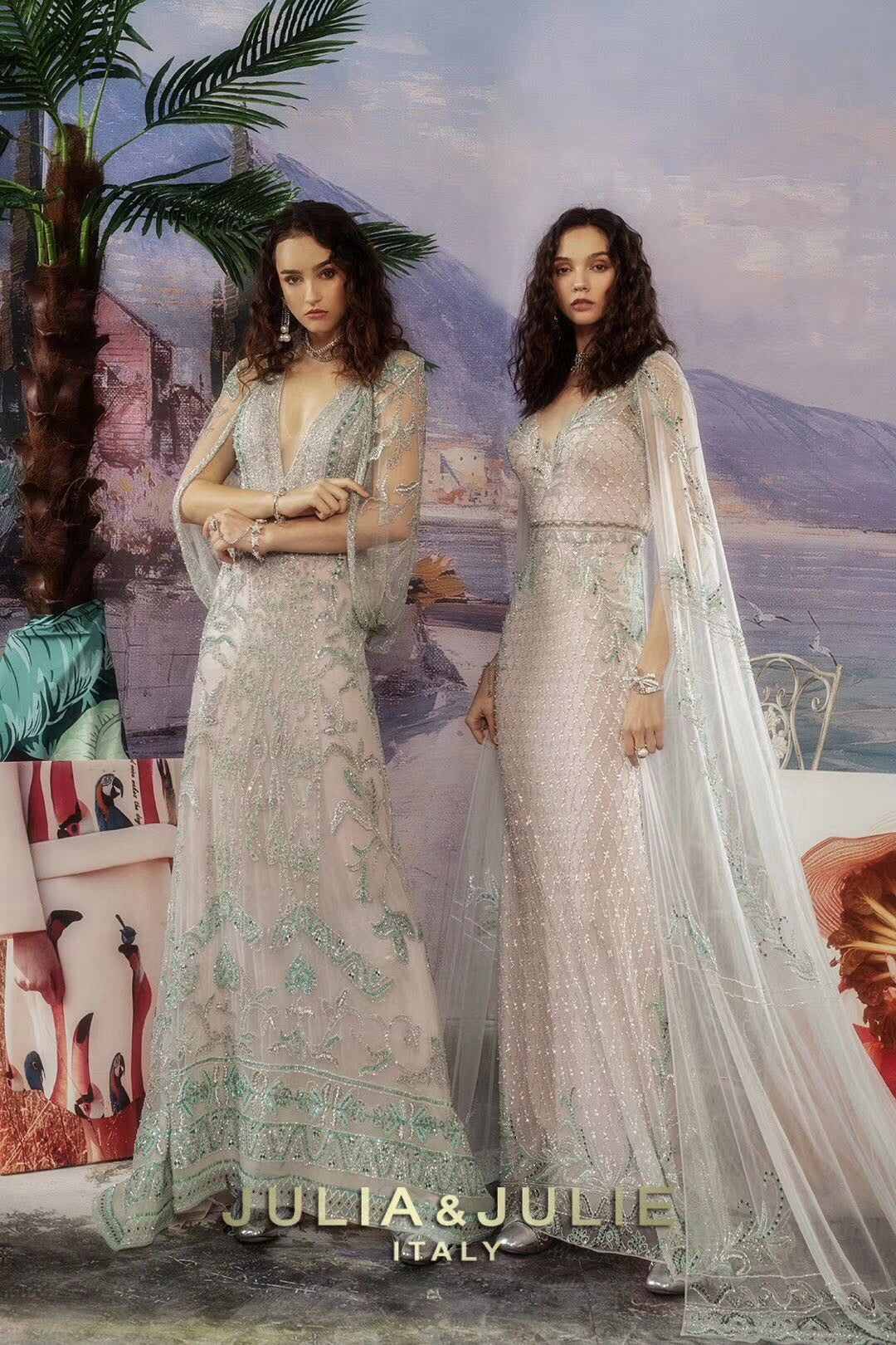 Amber Green Beaded Embroidered Cape Dress