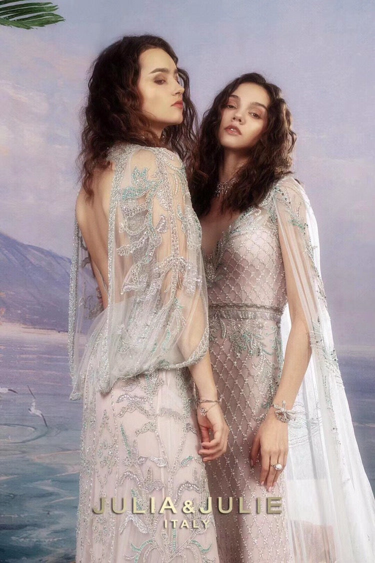 Amber Green Beaded Embroidered Cape Dress
