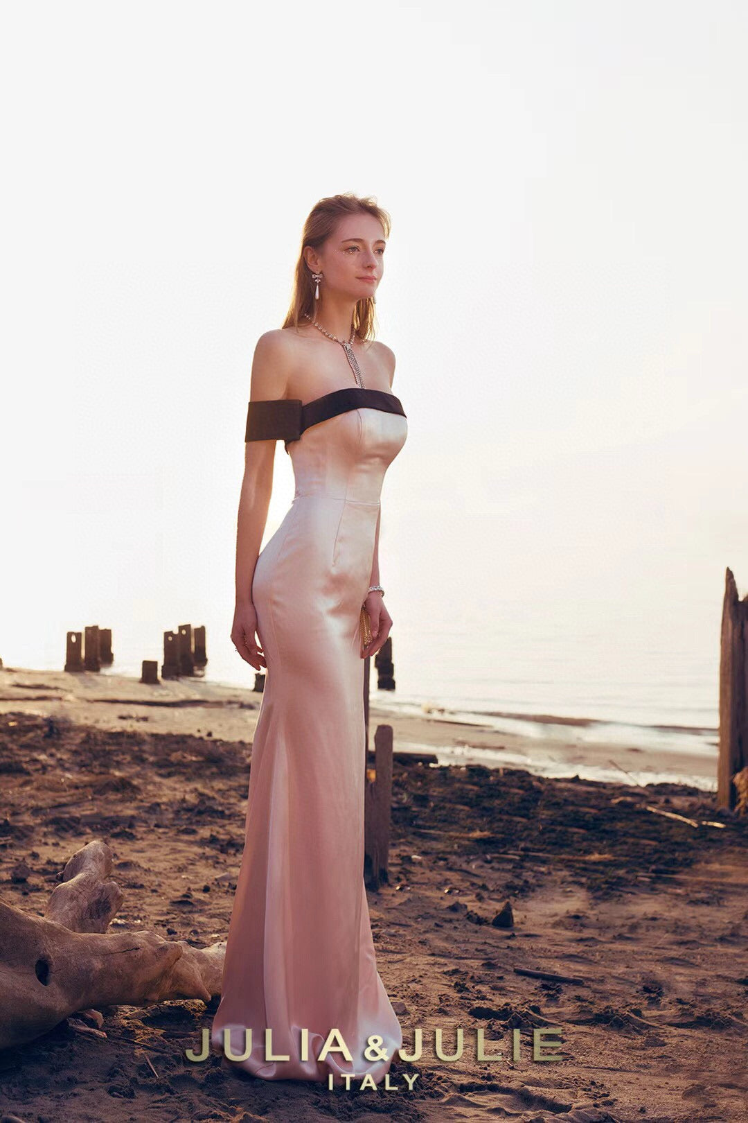 Pink and Black Satin Off-Shoulder Dress with Removable Bow Train