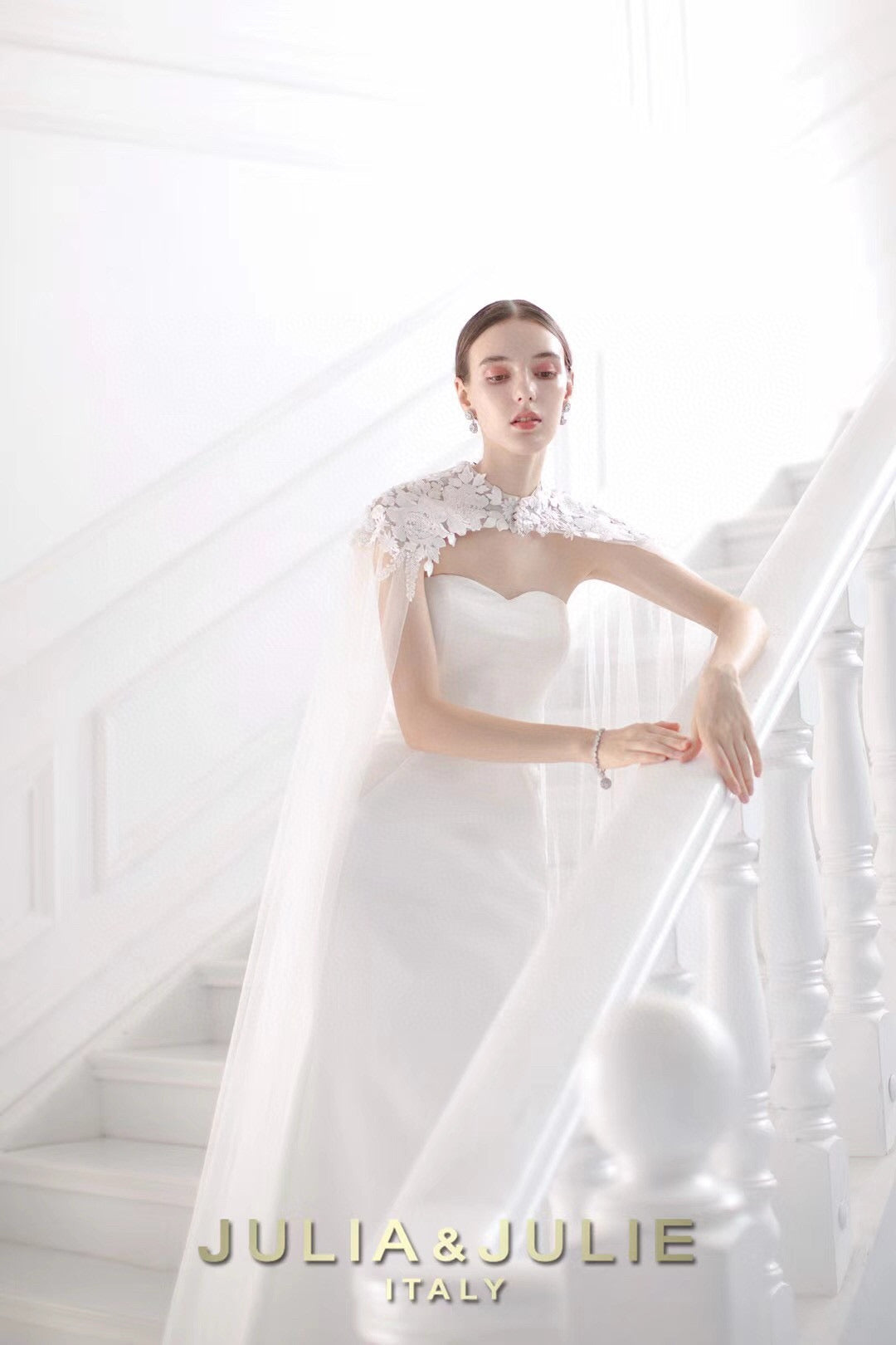 Off-White Satin Strapless Gown with White Floral Cape Set