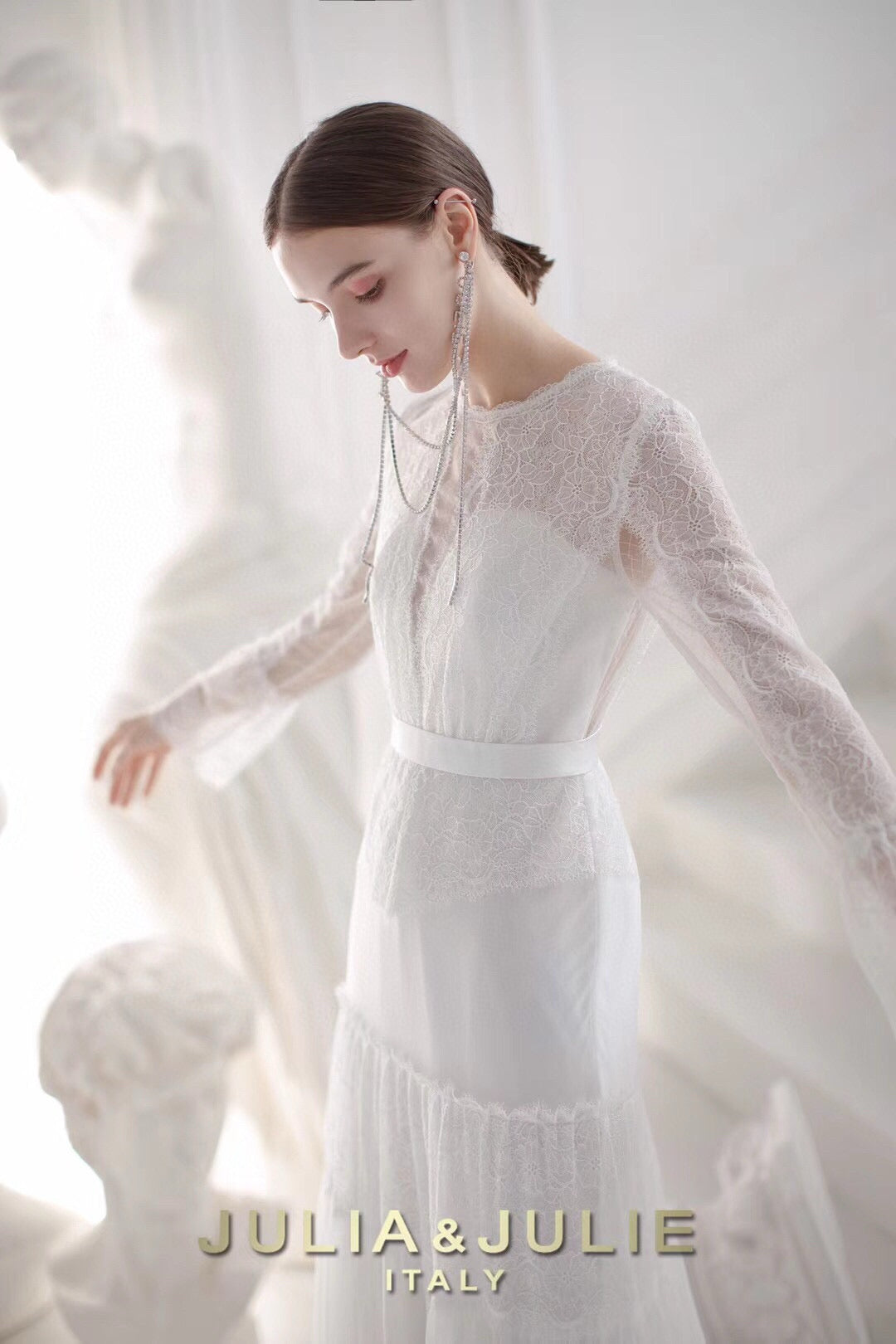 White Sheer Lace Flared Sleeve Dress