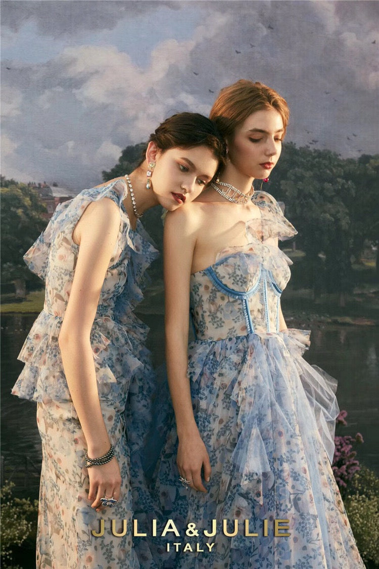 Sky Blue Tulle Print Ruffled Layered Front Slit Dress