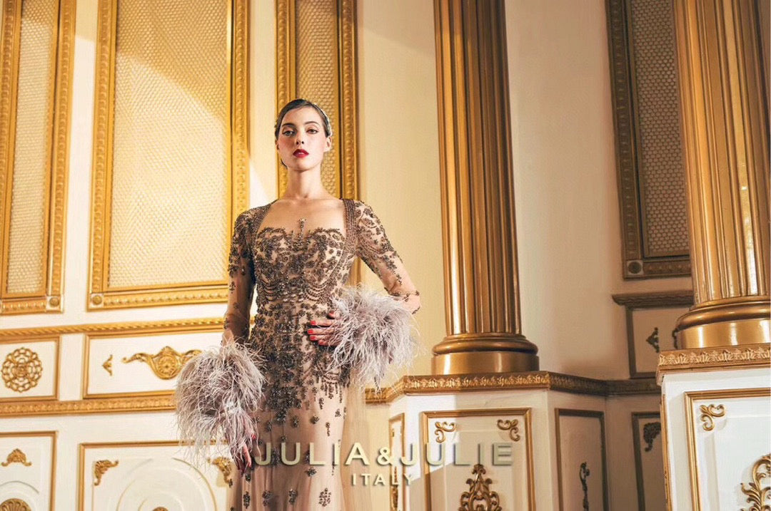 Deep Brown Dress with Beaded Details and Feather Sleeves
