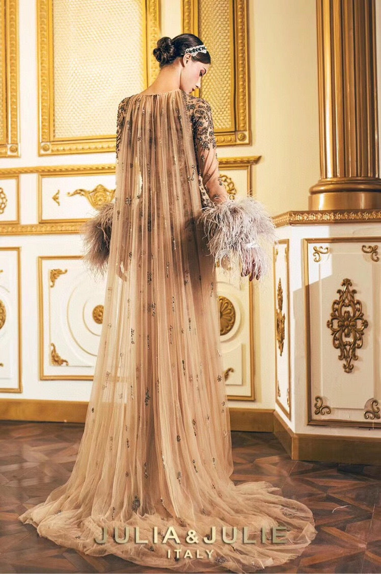 Deep Brown Dress with Beaded Details and Feather Sleeves