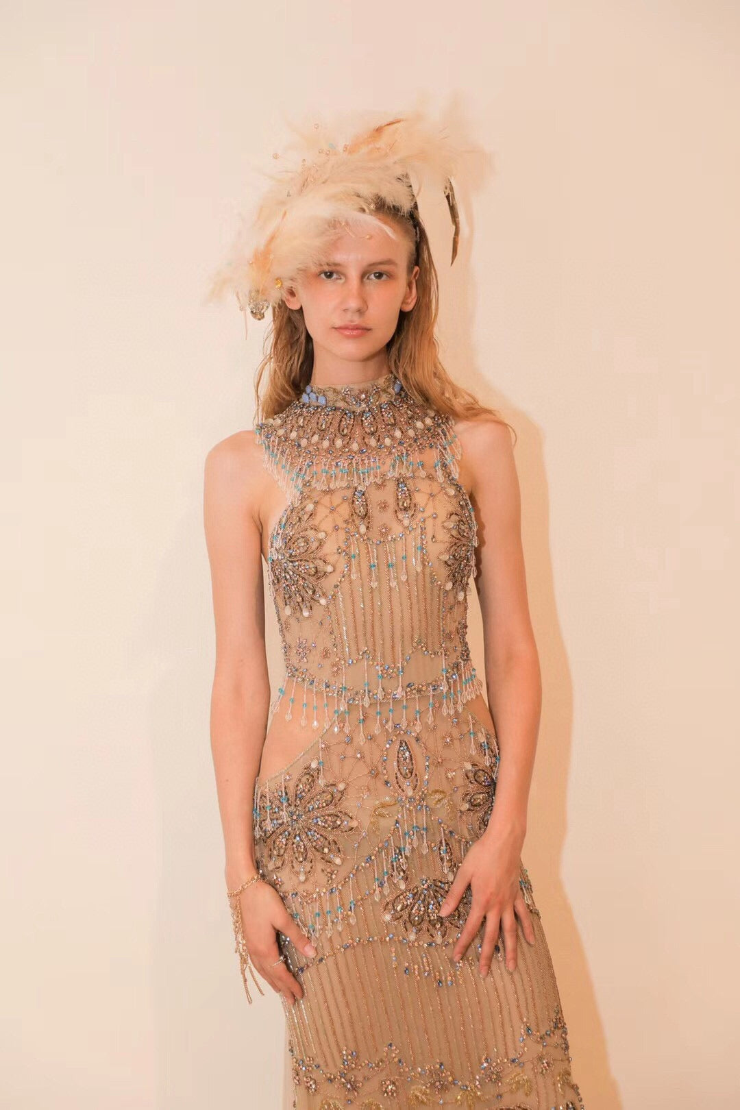 Milk Coffee Dress with Fringe and Open Waist Cape