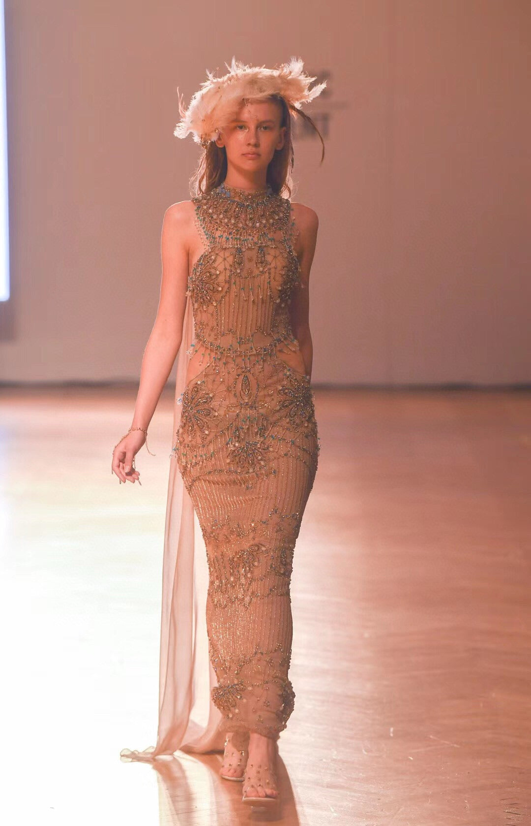 Milk Coffee Dress with Fringe and Open Waist Cape