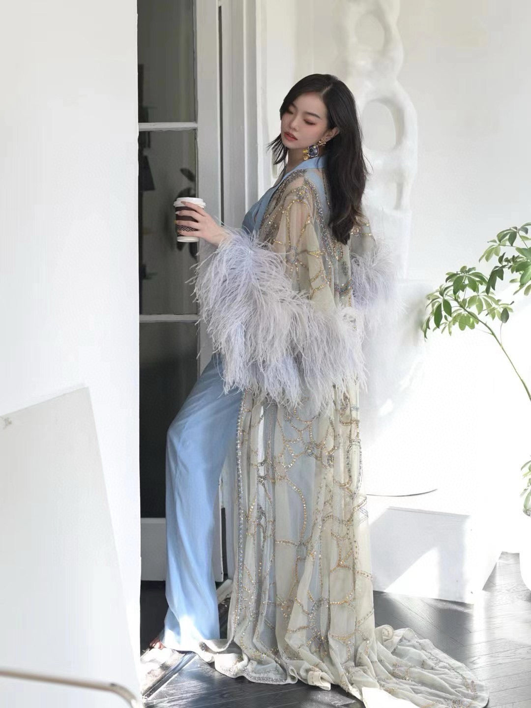 Blue V-Neck Jumpsuit with Ostrich Feather Cape Set