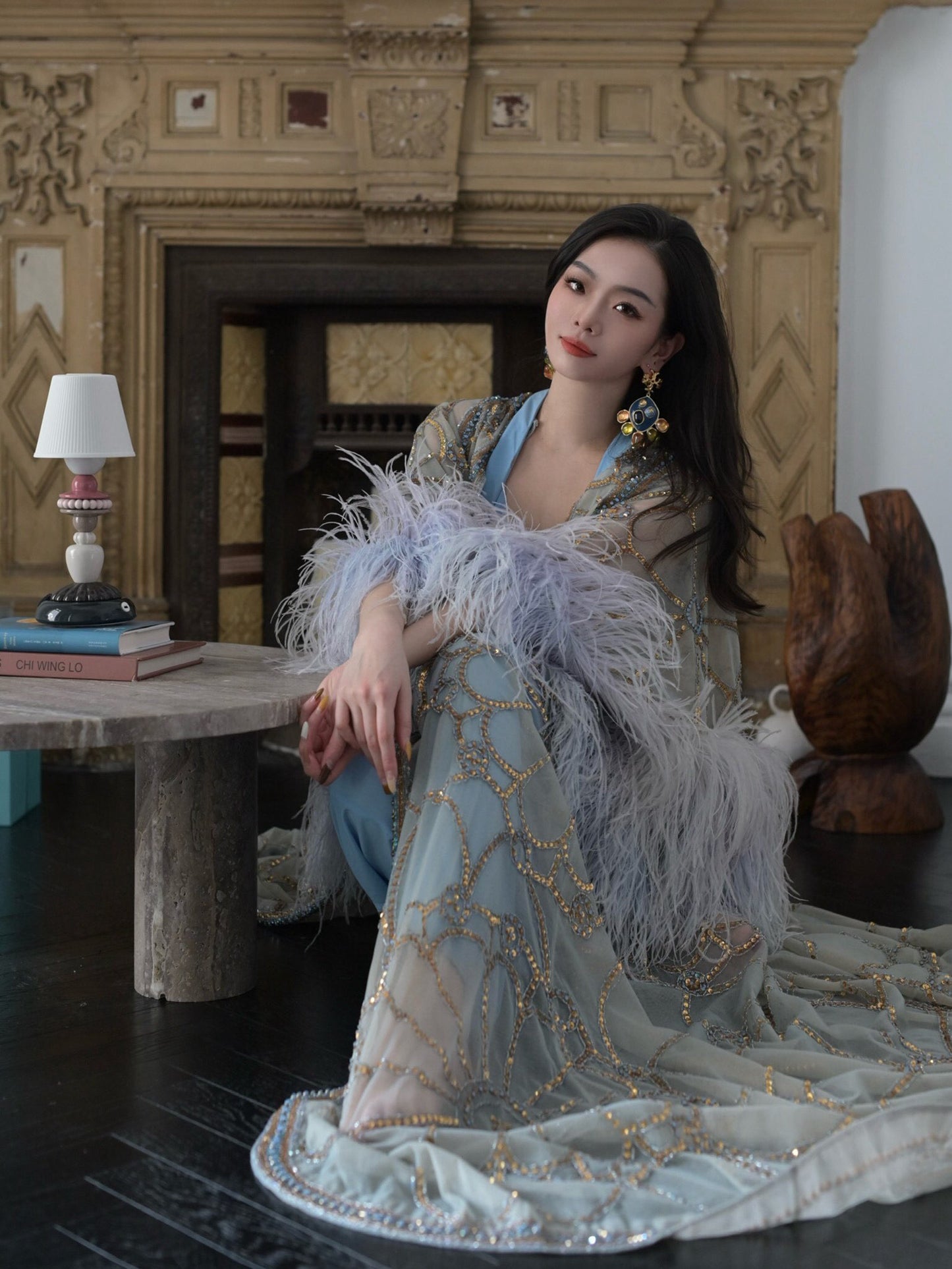 Blue V-Neck Jumpsuit with Ostrich Feather Cape Set