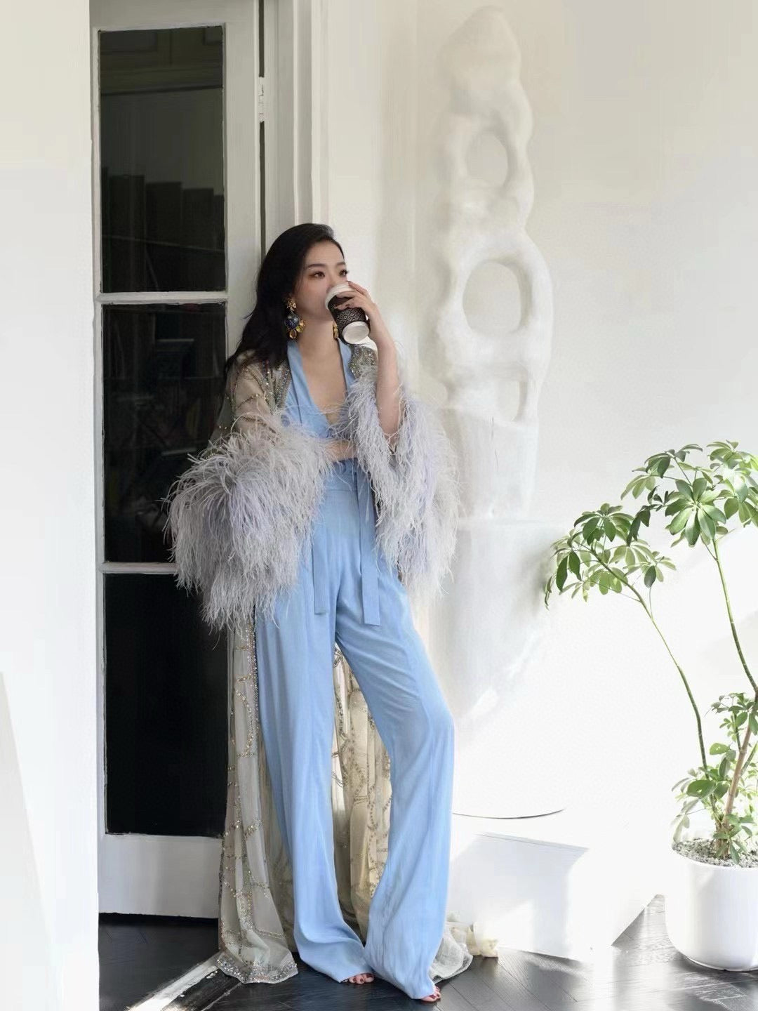 Blue V-Neck Jumpsuit with Ostrich Feather Cape Set