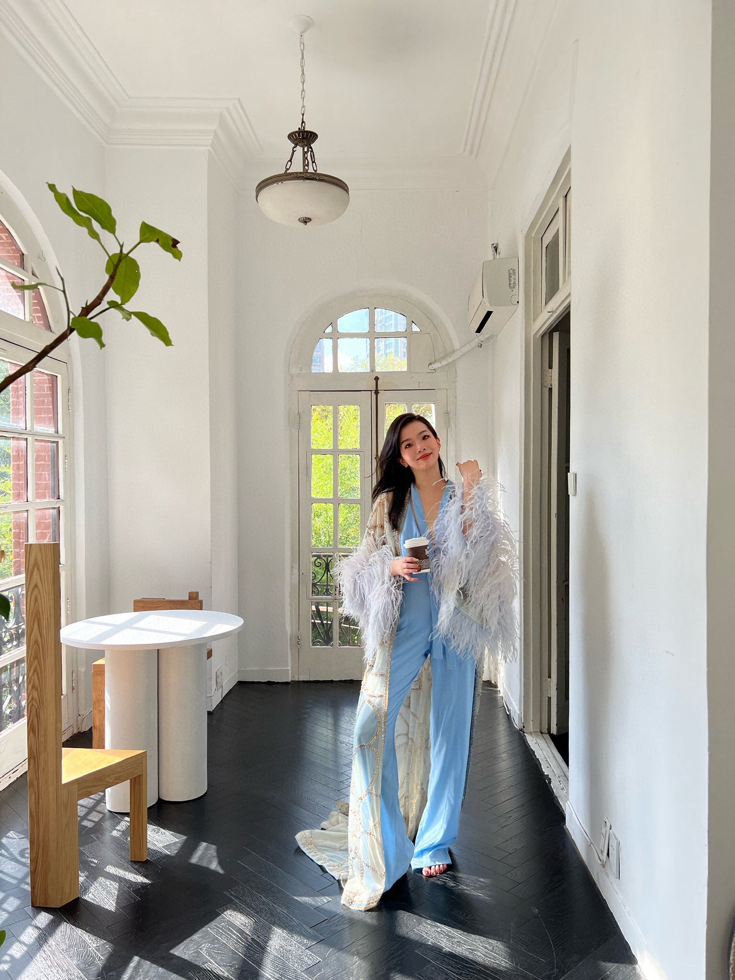 Blue V-Neck Jumpsuit with Ostrich Feather Cape Set