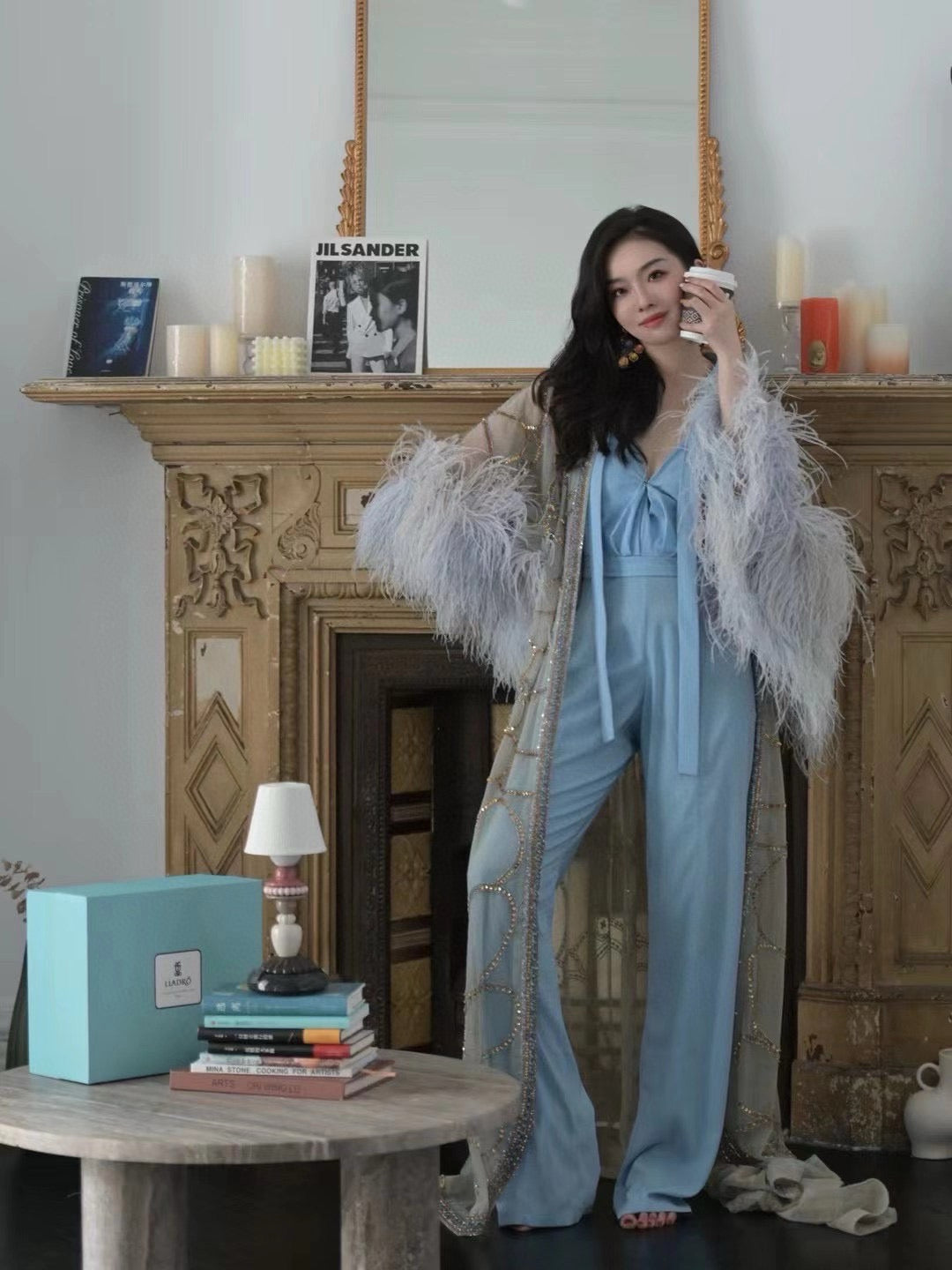 Blue V-Neck Jumpsuit with Ostrich Feather Cape Set