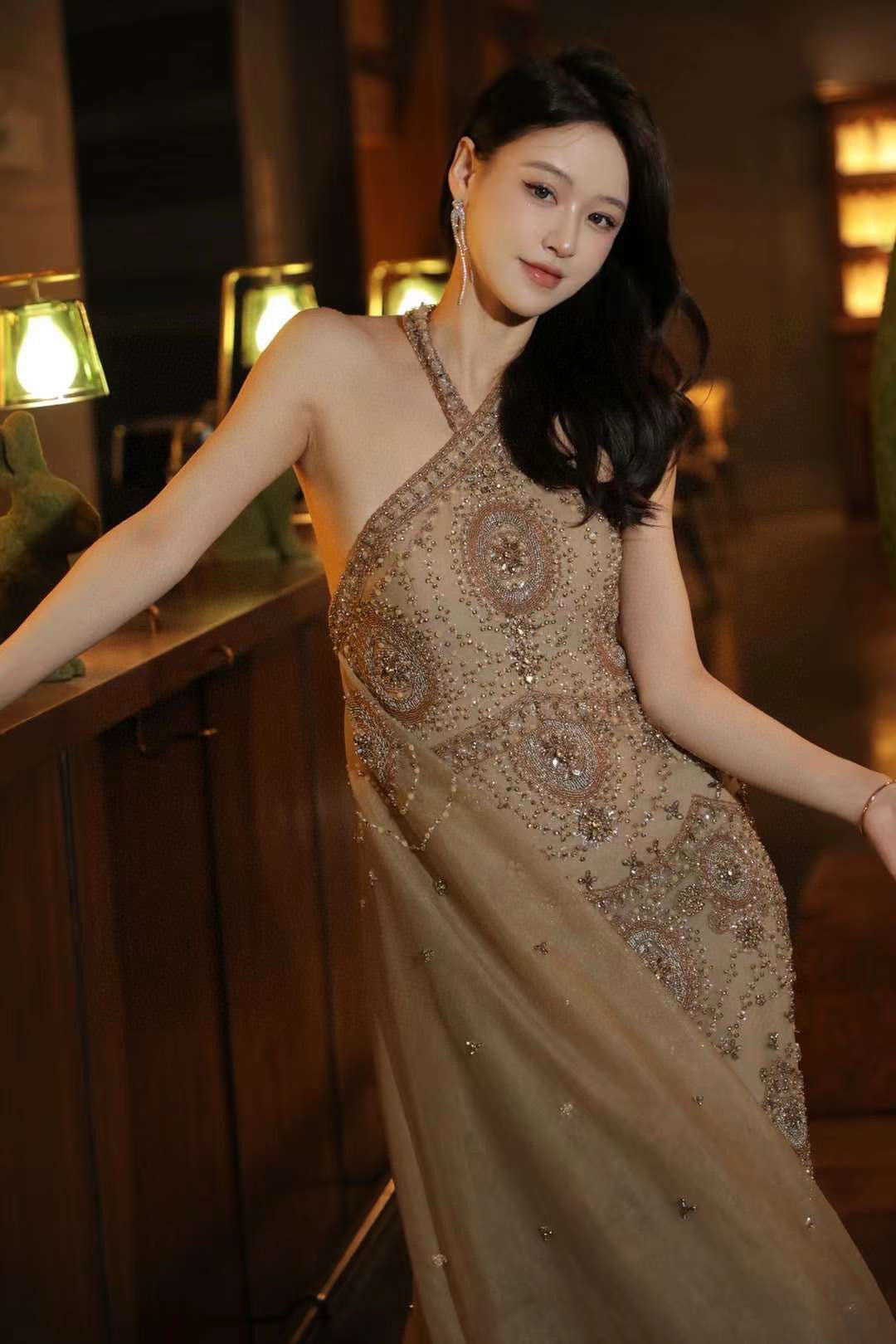 Deep Brown Beaded Cape Dress