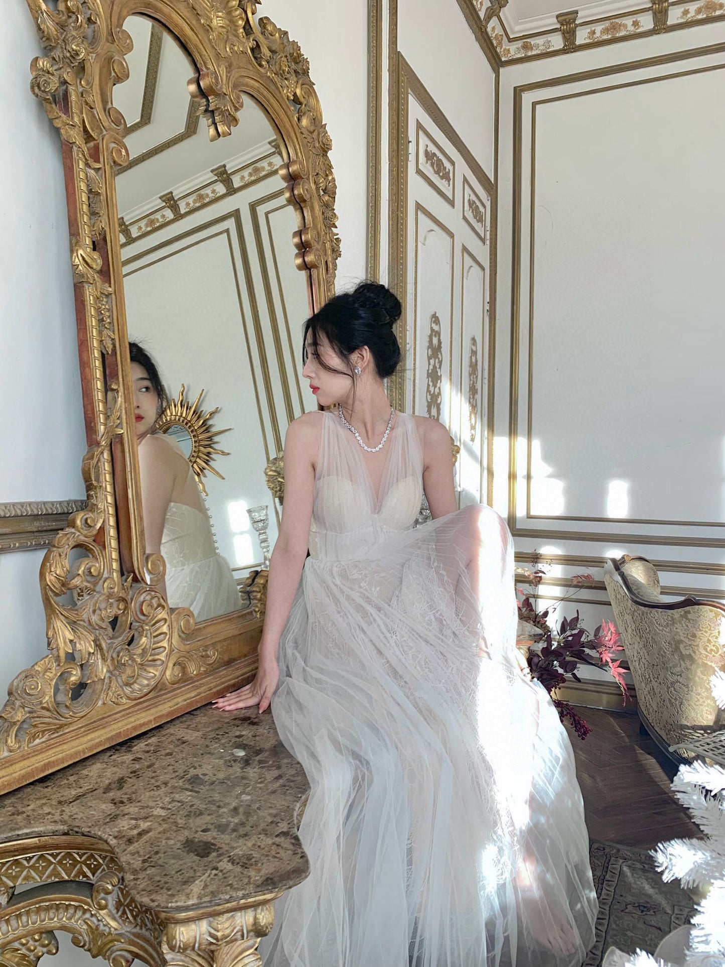 Cream Lace Dress with Pearl Details and V-Neck