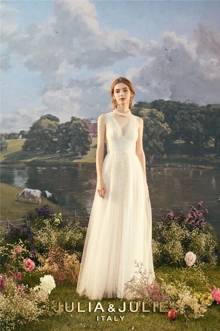 Cream Lace Dress with Pearl Details and V-Neck